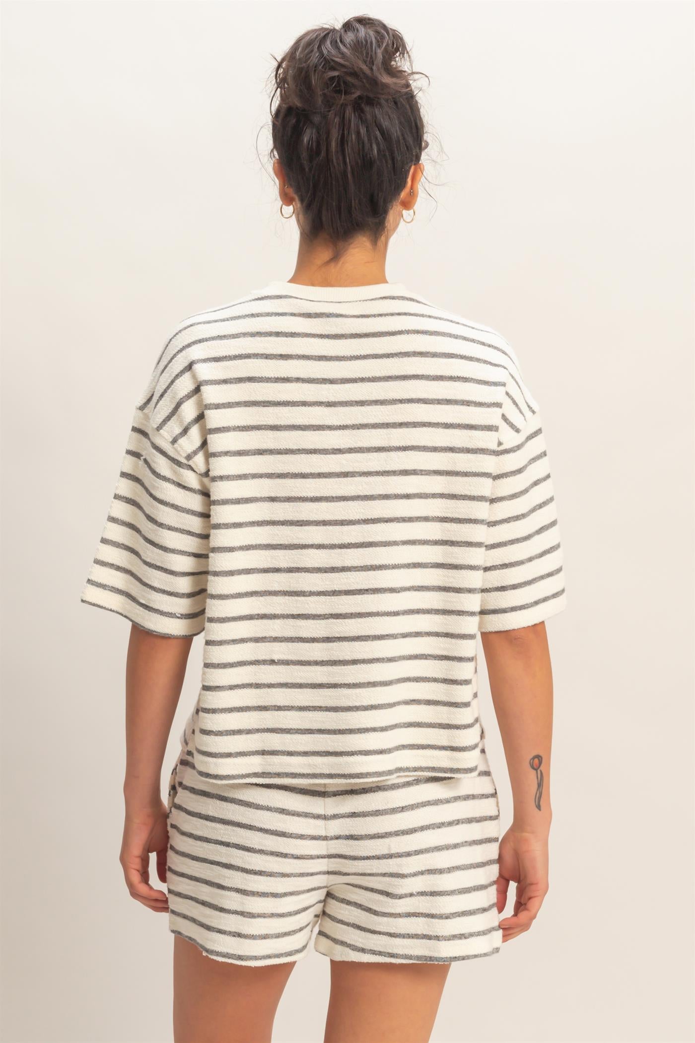 Wholesale Striped Short Sleeve Terry Crew Neck Top Clothing Tops DZ26A887 BLACK DOUBLE ZERO