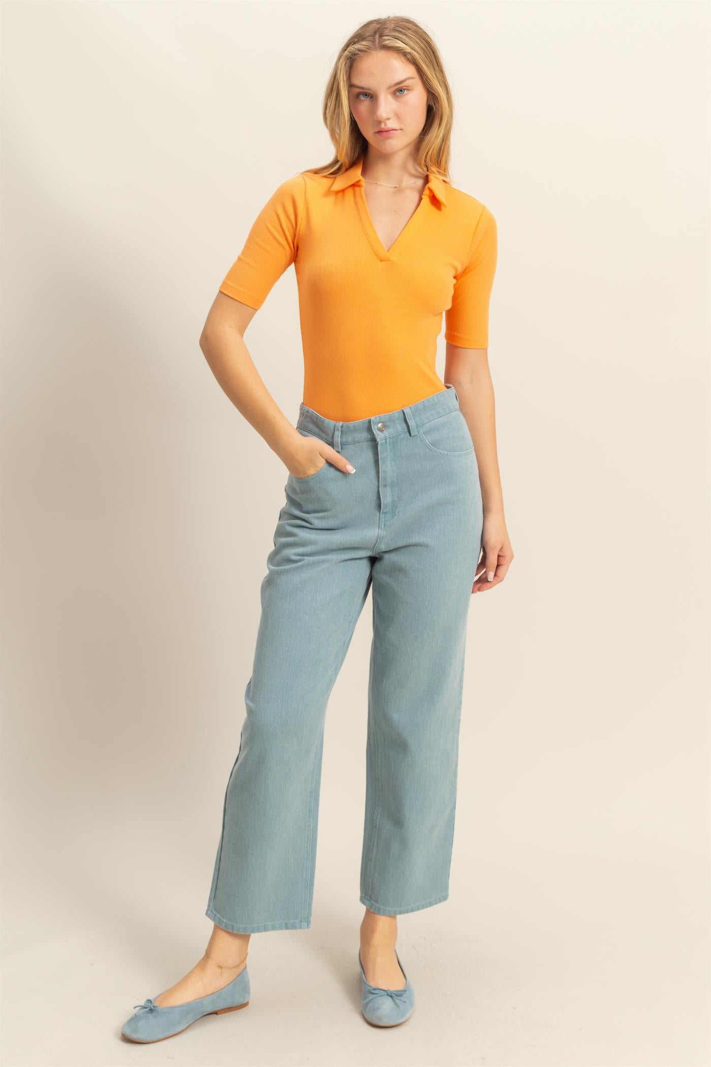Wholesale Polo Neck Short Sleeve Bodysuit Bodysuits DZ25A777 ORANGE DOUBLE ZERO