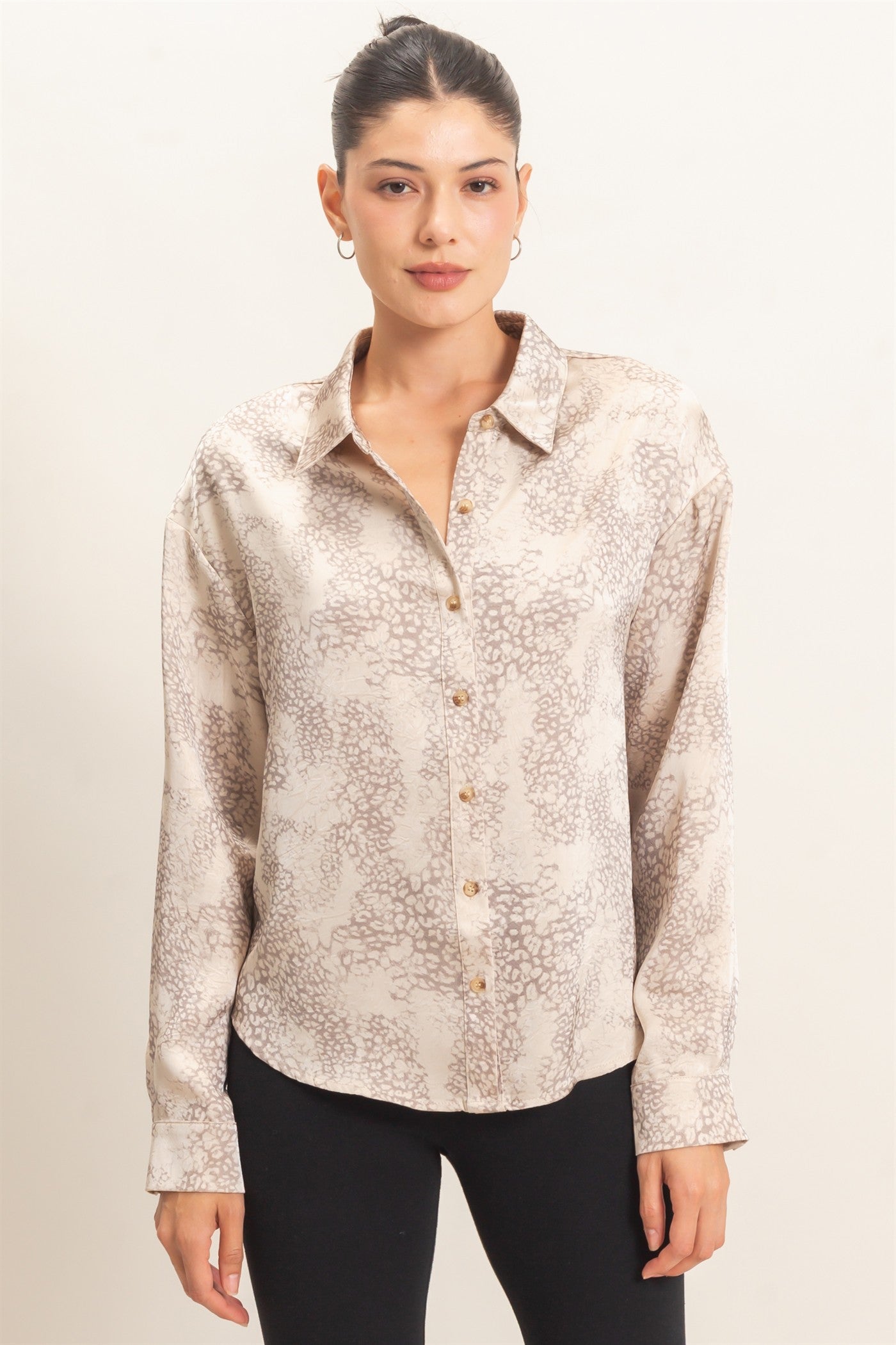 Wholesale Leopard Satin Button-Up Shirt Clothing Tops HF26E159 TAUPE HYFVE