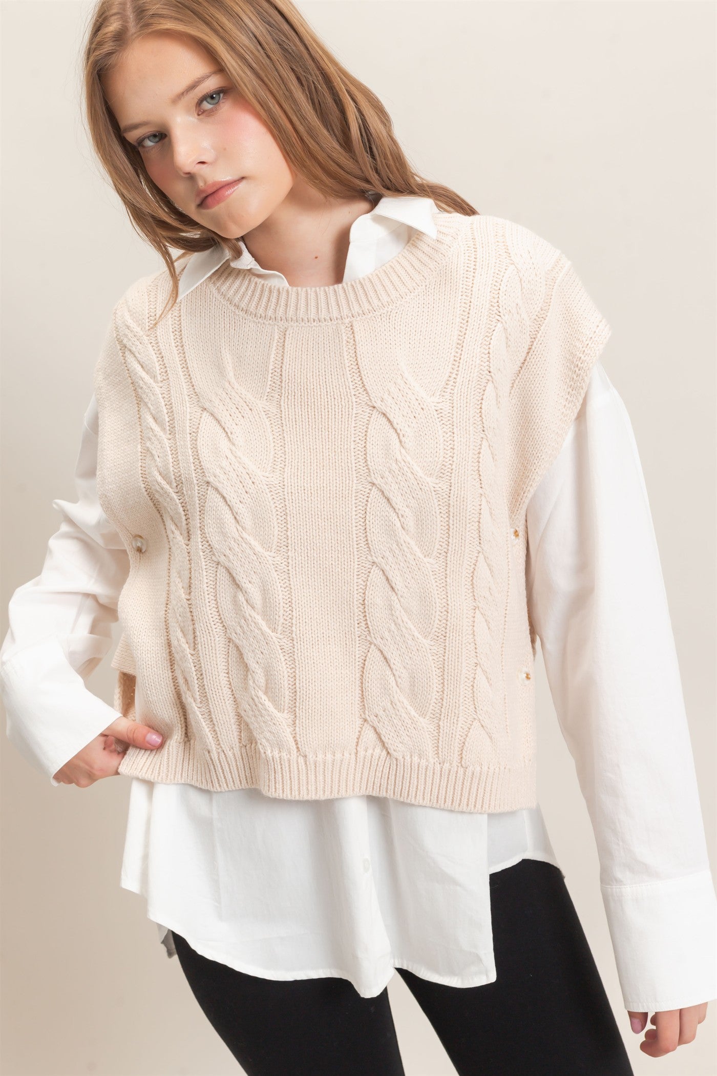 Wholesale Cable Knit Vest With Side Buttons Sweaters HF26F193 CREAM HYFVE