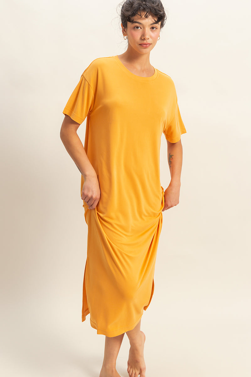 Wholesale Side Slit T-Shirt Midi Dress Dresses DZ23A961 CARAMEL DOUBLE ZERO
