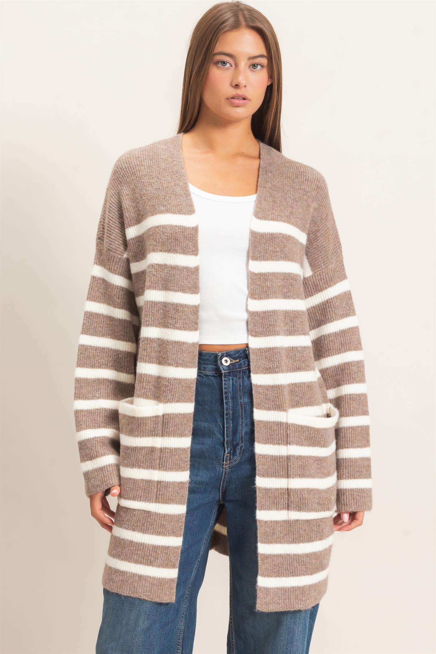 Wholesale Open Front Stripe Cardigan Cardigans DZ26C342 DARK TAUPE DOUBLE ZERO