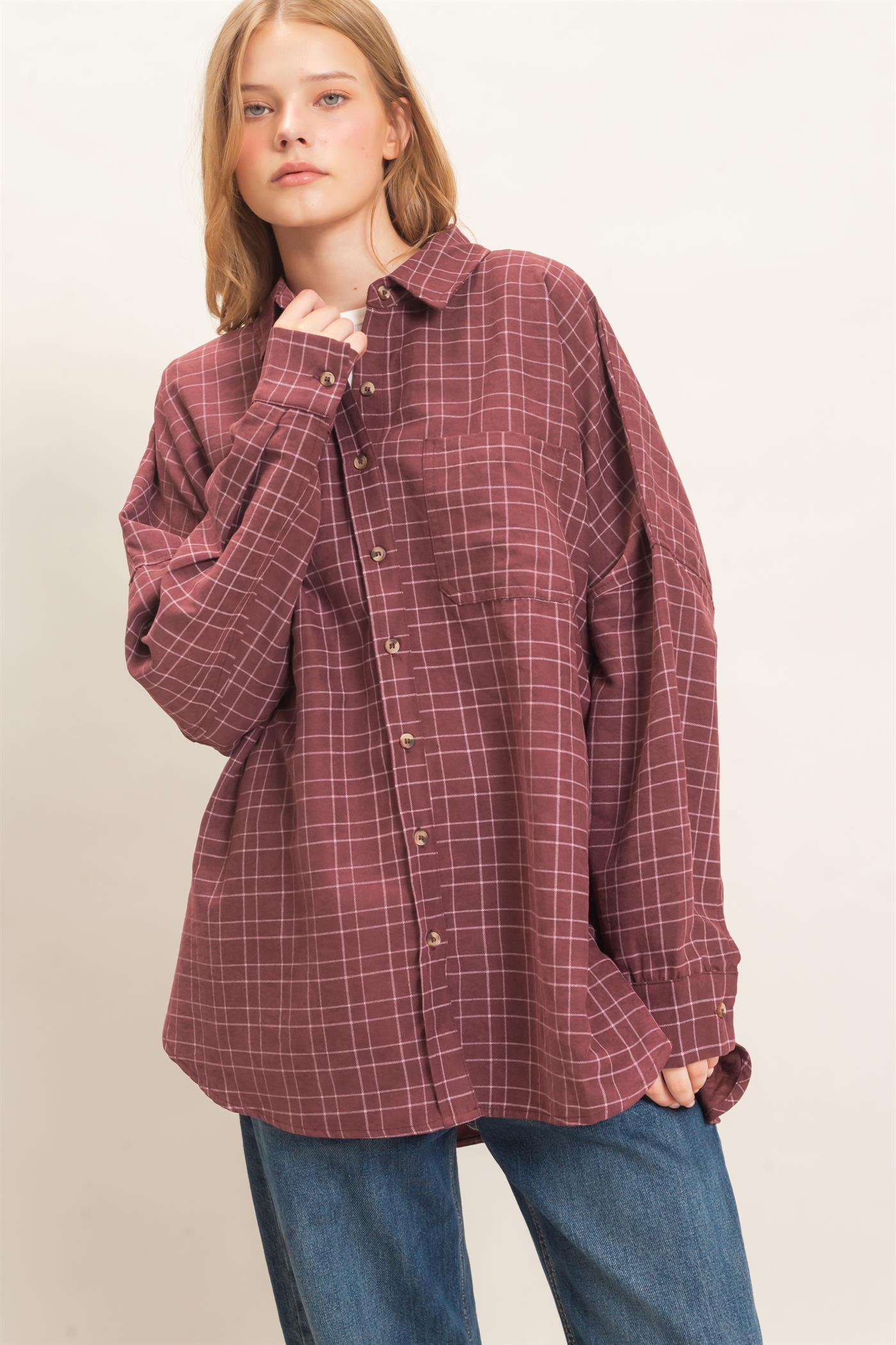 Wholesale Plaid Button-Up Shirt Shirts HF26E734 WINE HYFVE