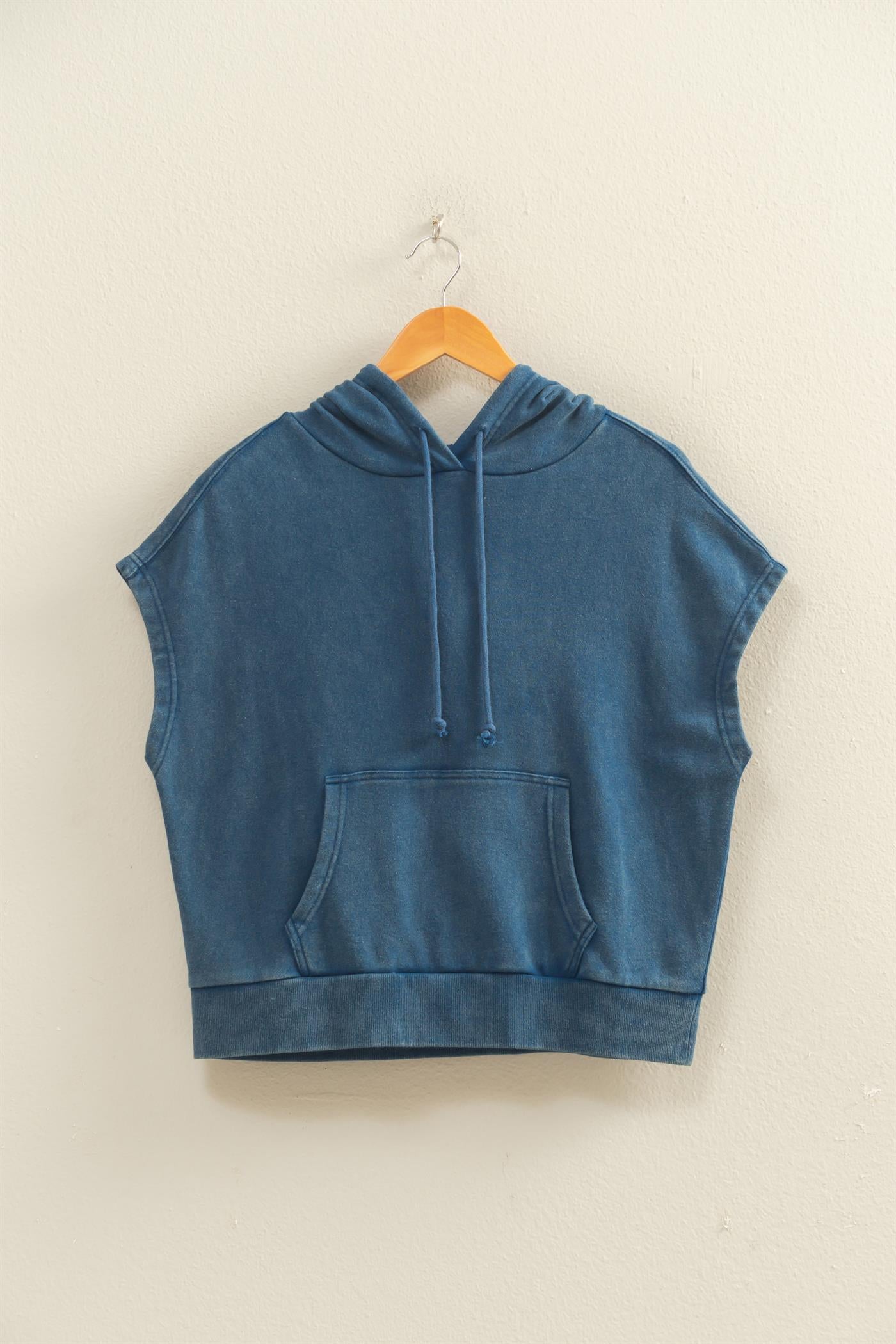 Wholesale Acid Washed Sleeveless Hooded Kangaroo Pocket Top Hoodies DZ26A411 NAVY DOUBLE ZERO