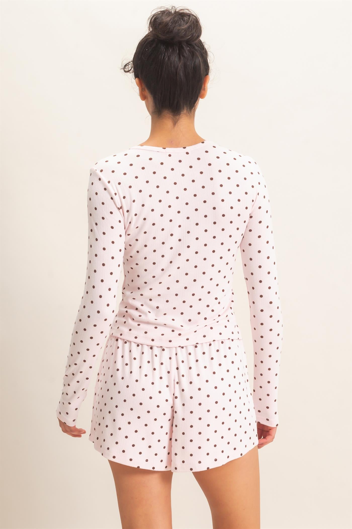 Wholesale Polka Dot Henley Long Sleeve Top & Shorts Set Clothing DZ27A154-SET LIGHT PINK DOUBLE ZERO