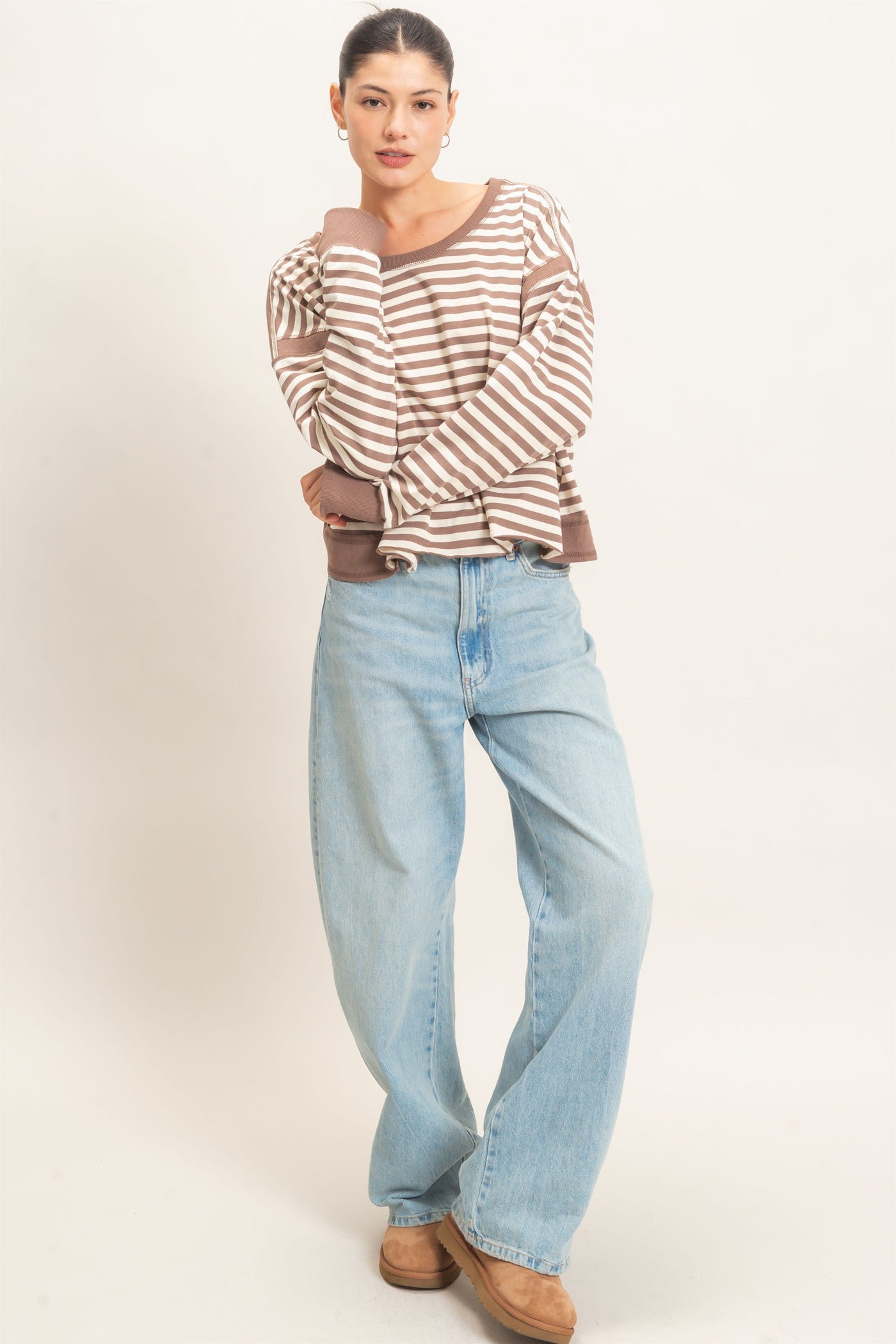 Wholesale Striped Long Sleeve Top Clothing Tops HF26C908-D MOCHA HYFVE