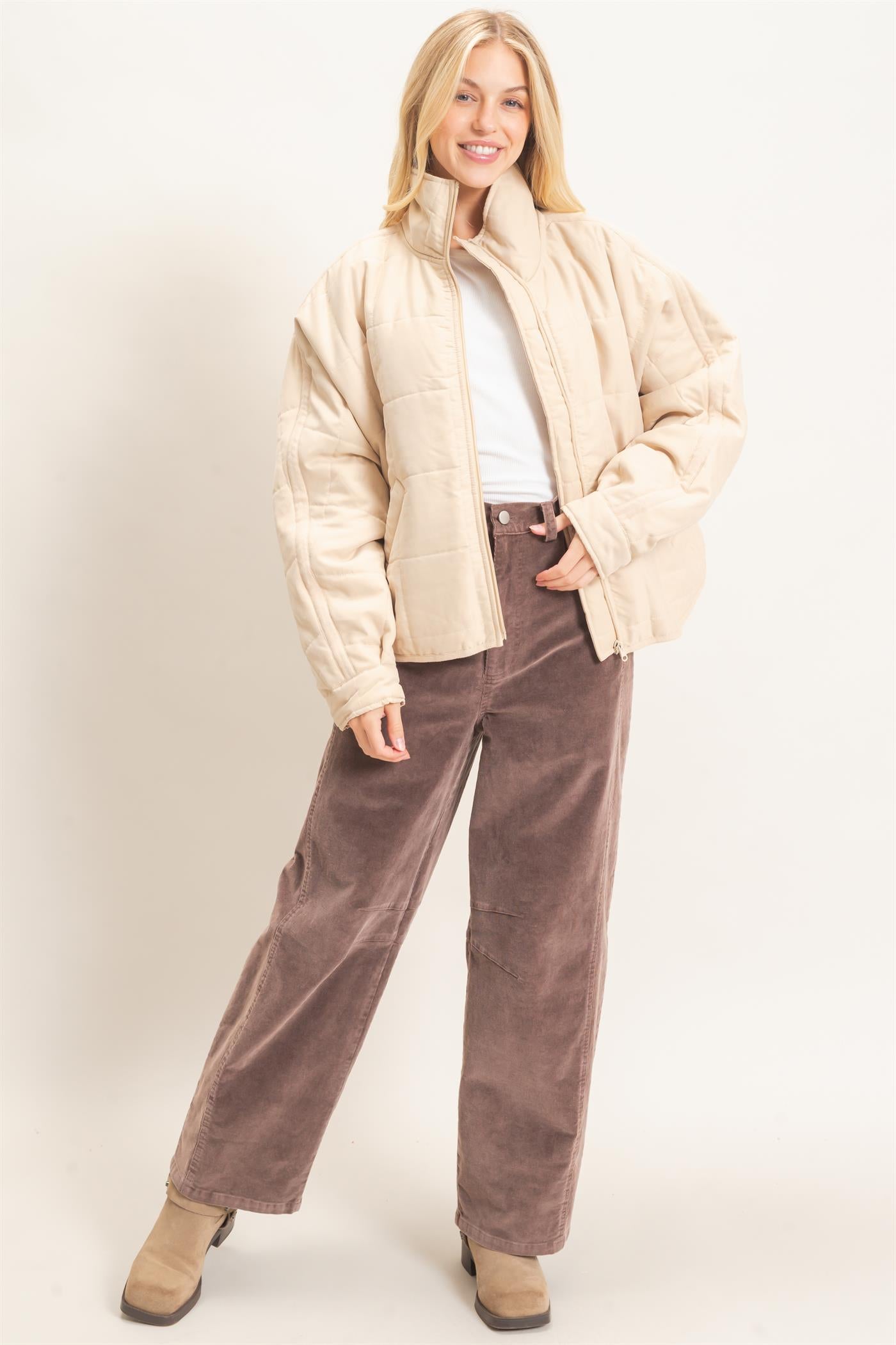 Wholesale Quilted High Collar Jacket Coats & Jackets HF26F167-D BEIGE HYFVE