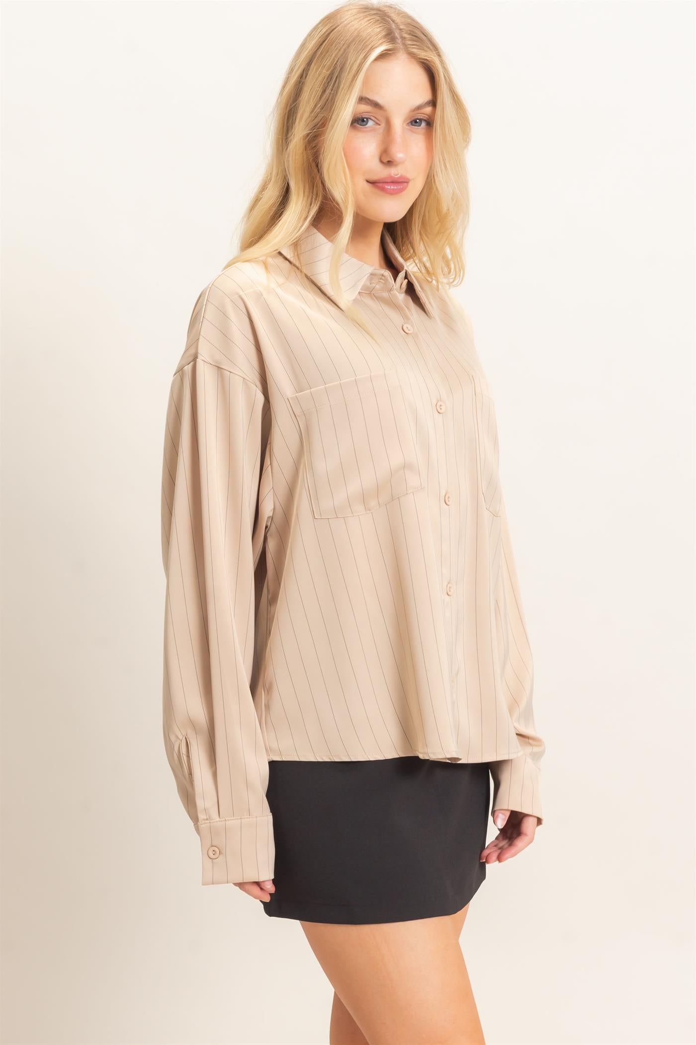 Wholesale Striped Button-Up Blouse Blouses HF26C953 LIGHT TAUPE HYFVE