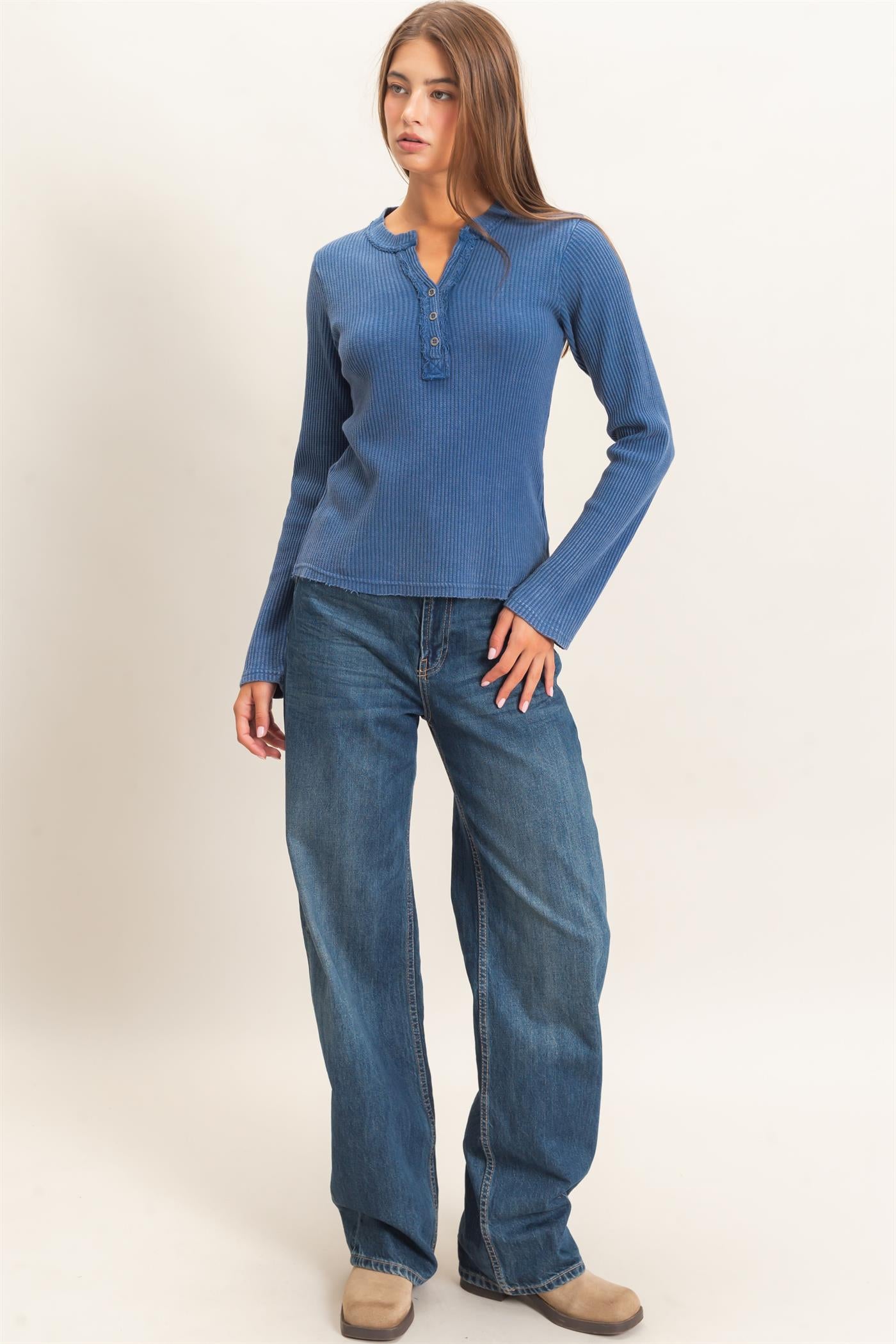 Wholesale Mineral Wash Waffle Henley Long Sleeve Top Clothing Tops DZ26E243 NAVY DOUBLE ZERO