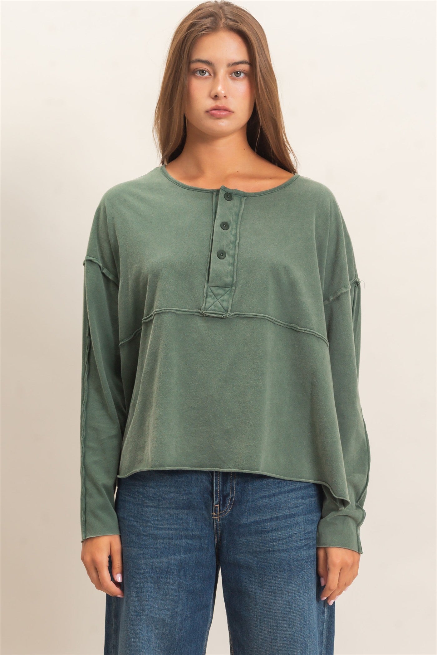 Wholesale Oversized Henley Top With Raw Edges Clothing Tops DZ26F128 DARK GREEN DOUBLE ZERO