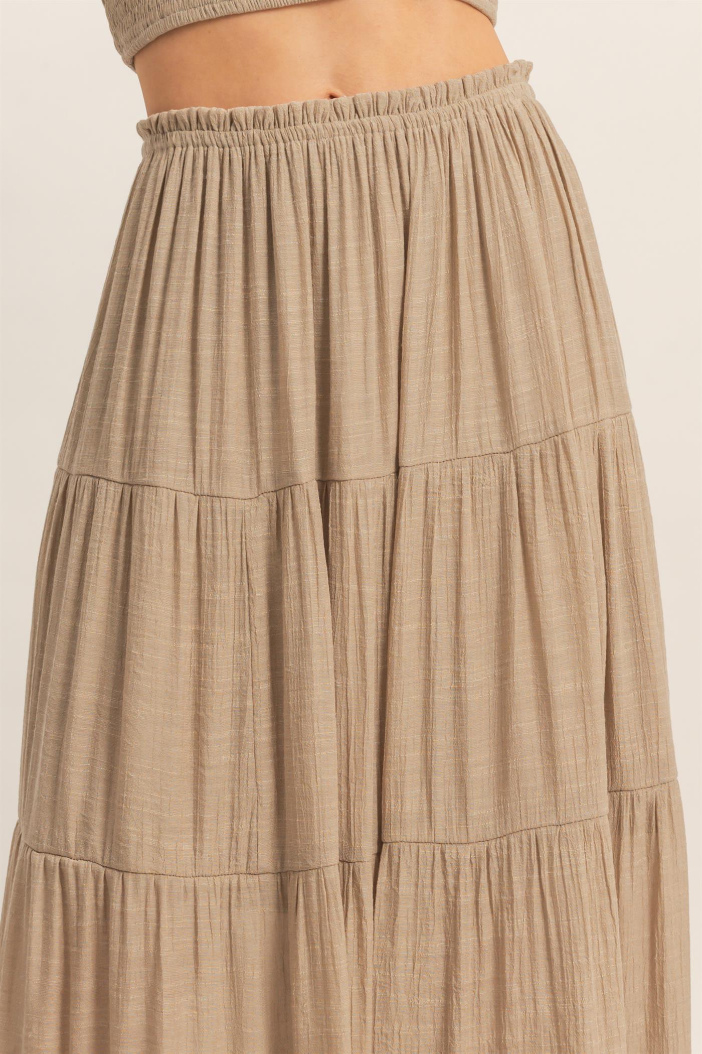 Wholesale Smocked Tube Top & Tiered Skirt Set Clothing HF26C289-SET-D TAUPE HYFVE