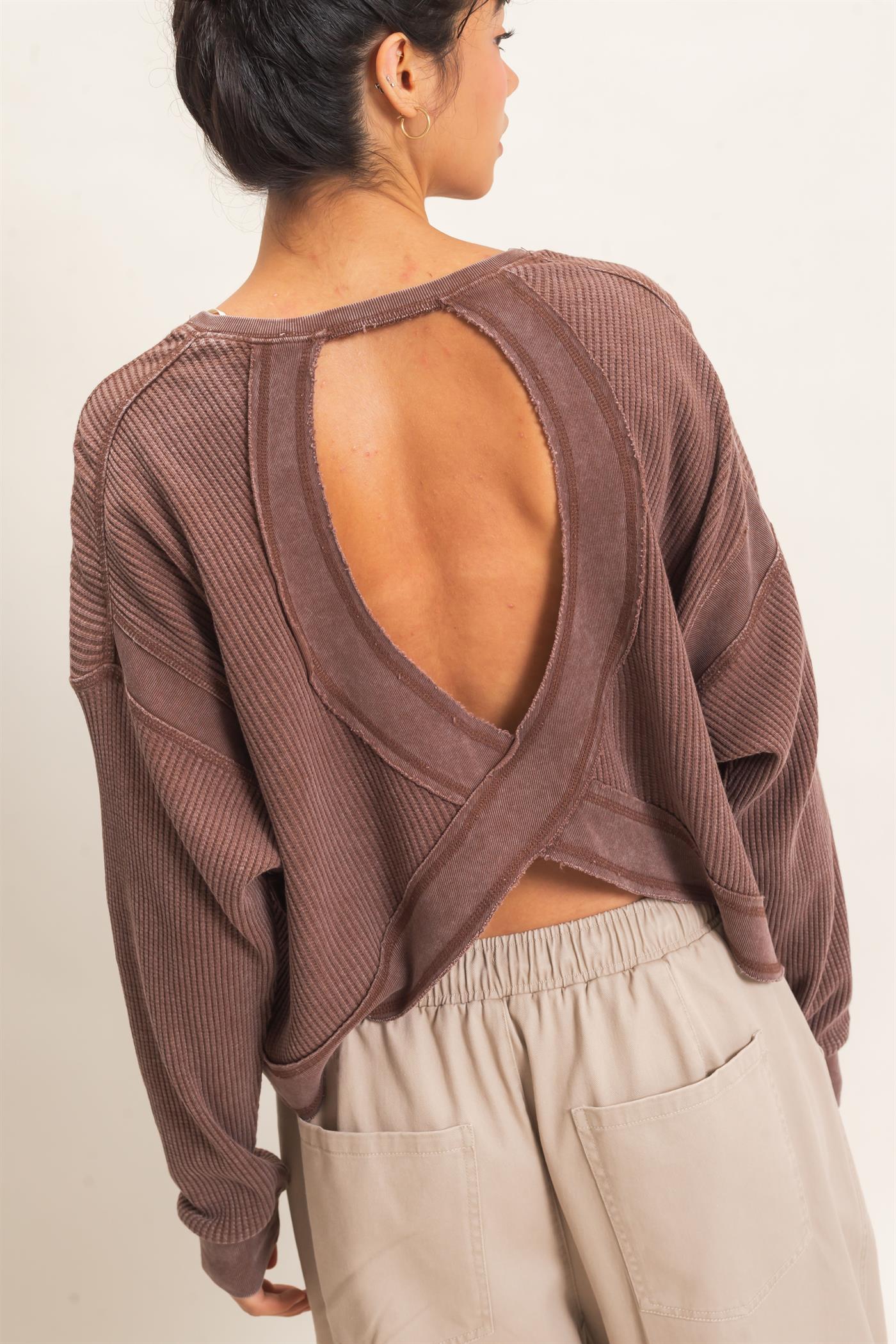 Wholesale Mineral Wash Waffle Open Back Top Clothing Tops DZ26C964 DARK BROWN DOUBLE ZERO