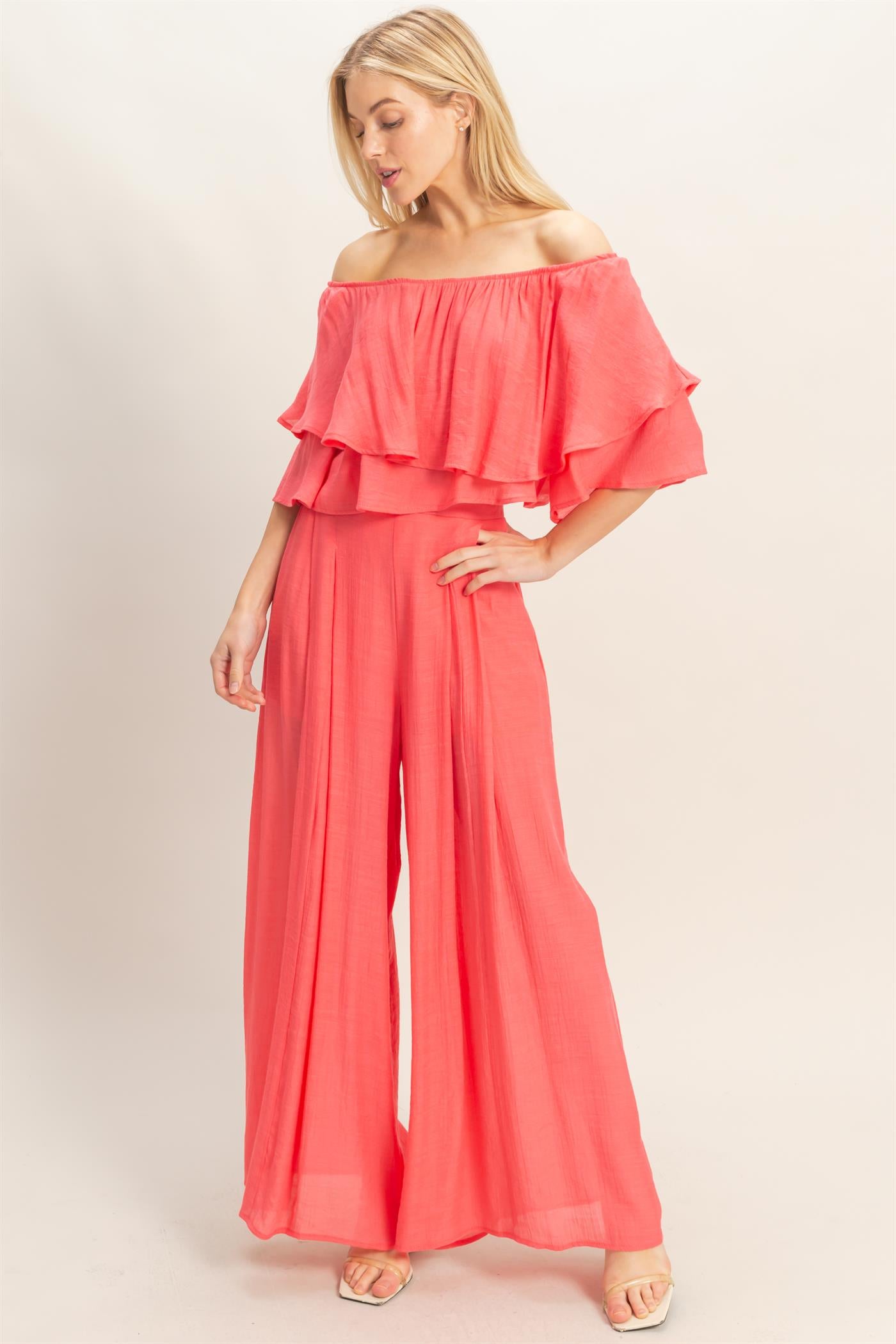 Wholesale Off Shoulder Top & Pleated Pant Set Clothing HF26C291-SET-D CORAL RED HYFVE