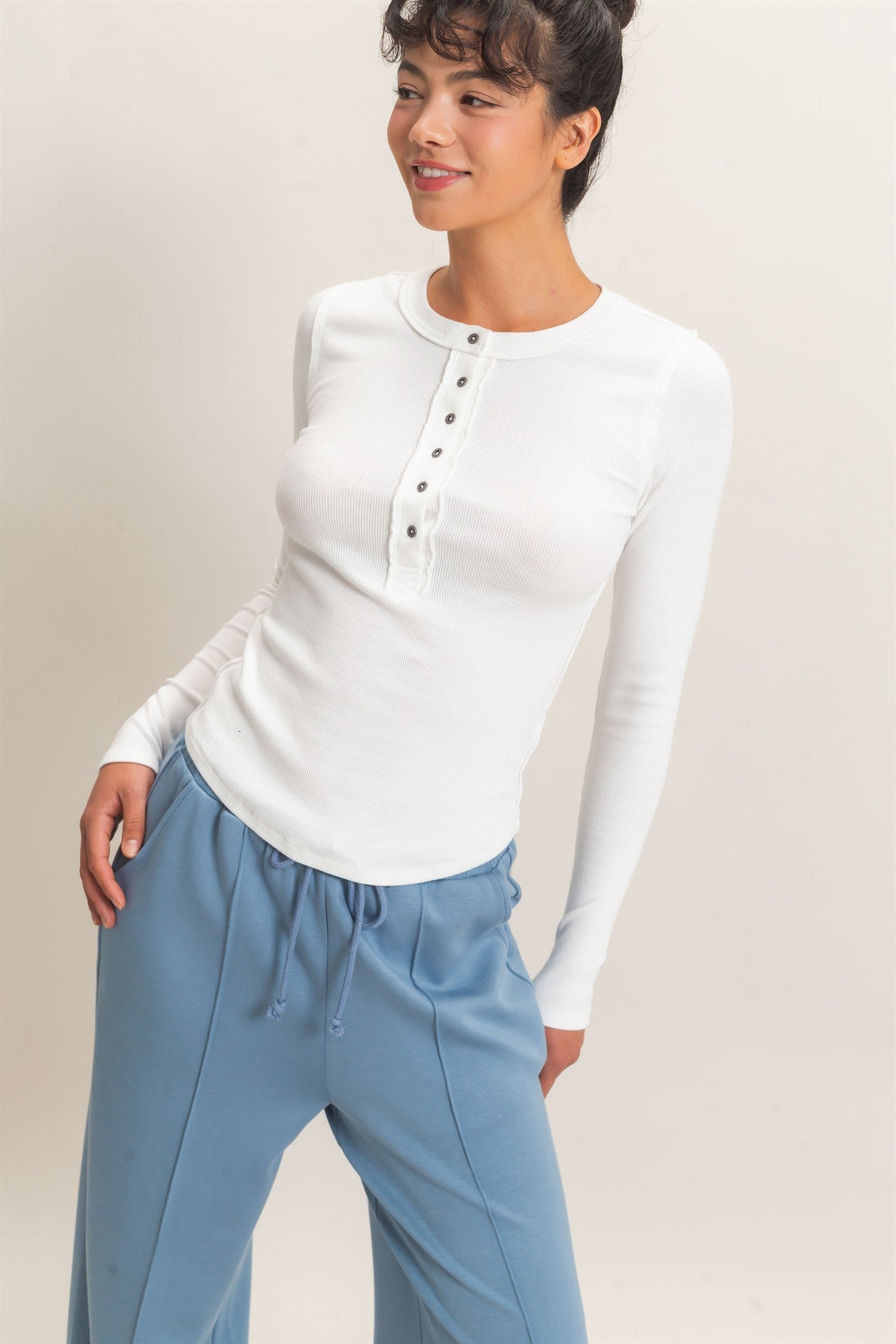 Wholesale Pigment Dye Henley Long Sleeve Top Clothing Tops DZ26C882 WHITE DOUBLE ZERO