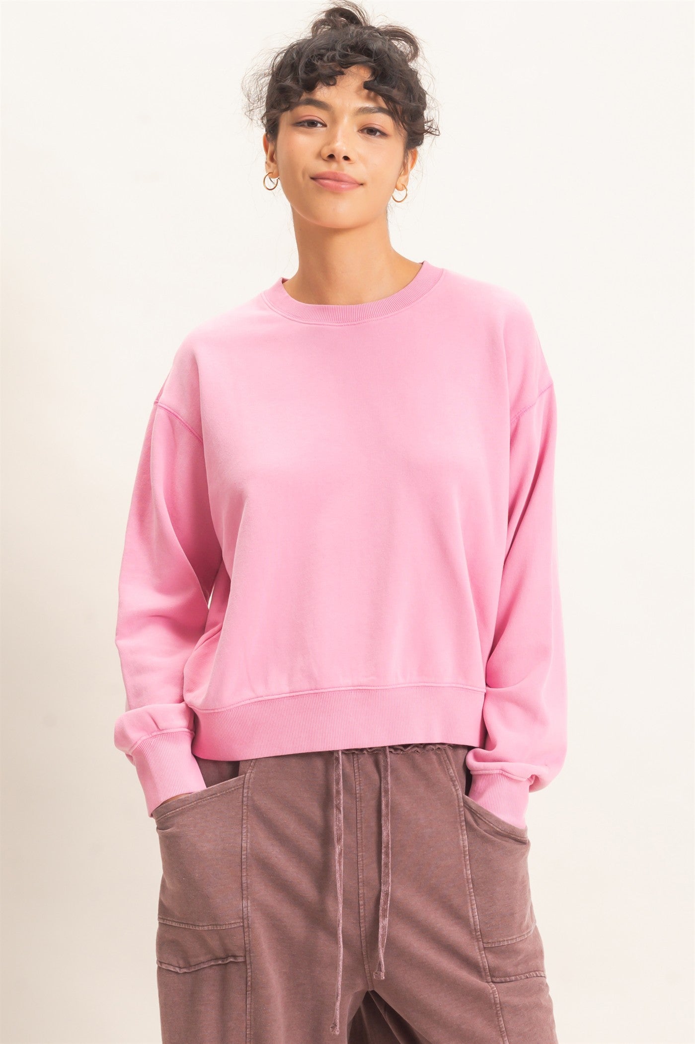 Wholesale Acid Wash Crew Neck Sweatshirt Sweatshirts DZ26E082 PINK DOUBLE ZERO