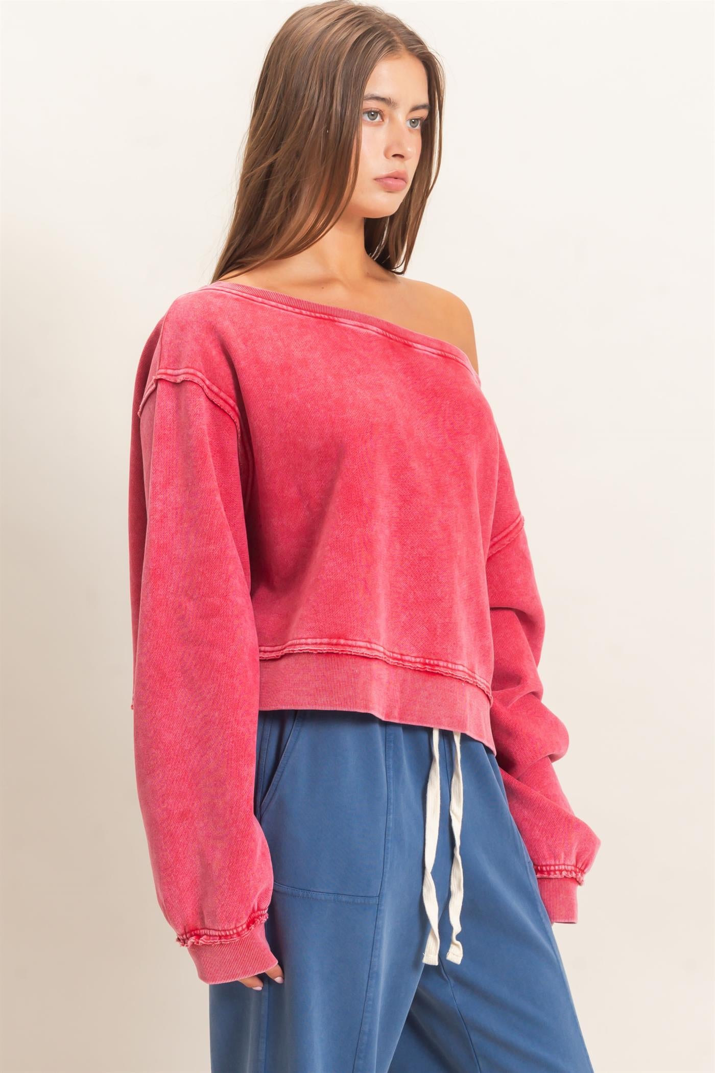 Wholesale Raw Edge Acid Wash Off The Shoulder Sweatshirt Sweatshirts DZ26F013 RED DOUBLE ZERO