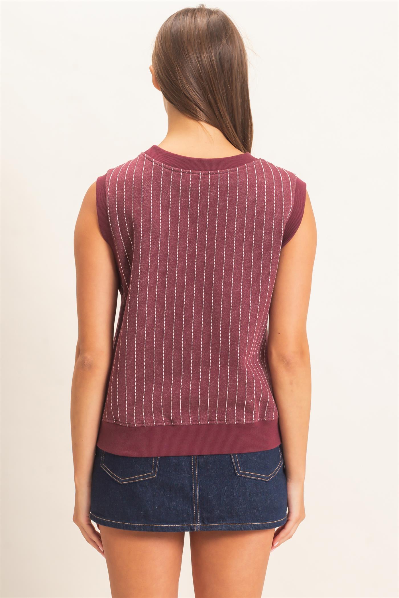 Wholesale V-Neck Pinstripe Sleeveless Top Clothing Tops DZ26E626 DARK CHERRY DOUBLE ZERO
