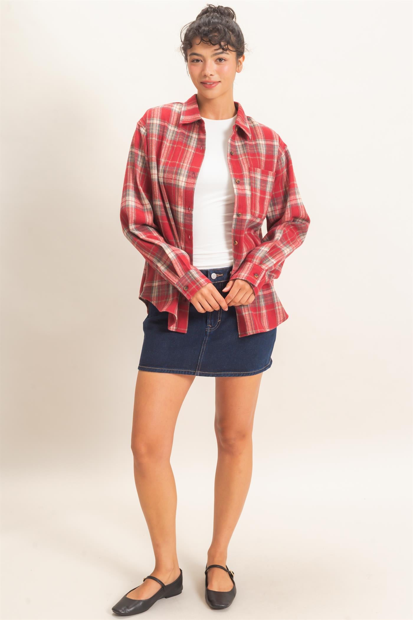 Wholesale Plaid Long Sleeve Shirt Shirts DZ26F275 RED DOUBLE ZERO