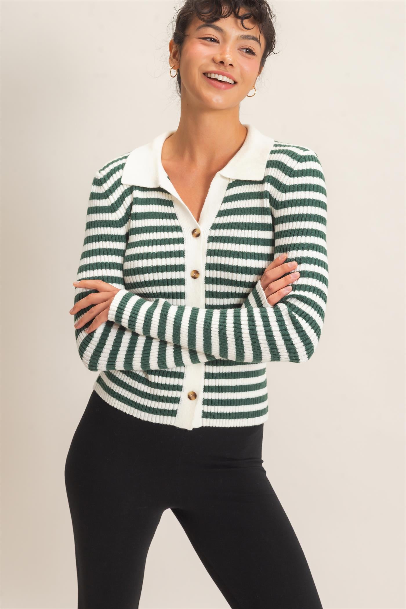 Wholesale Ribbed Striped Polo Knit Top Clothing Tops DZ26E099 DARK GREEN DOUBLE ZERO