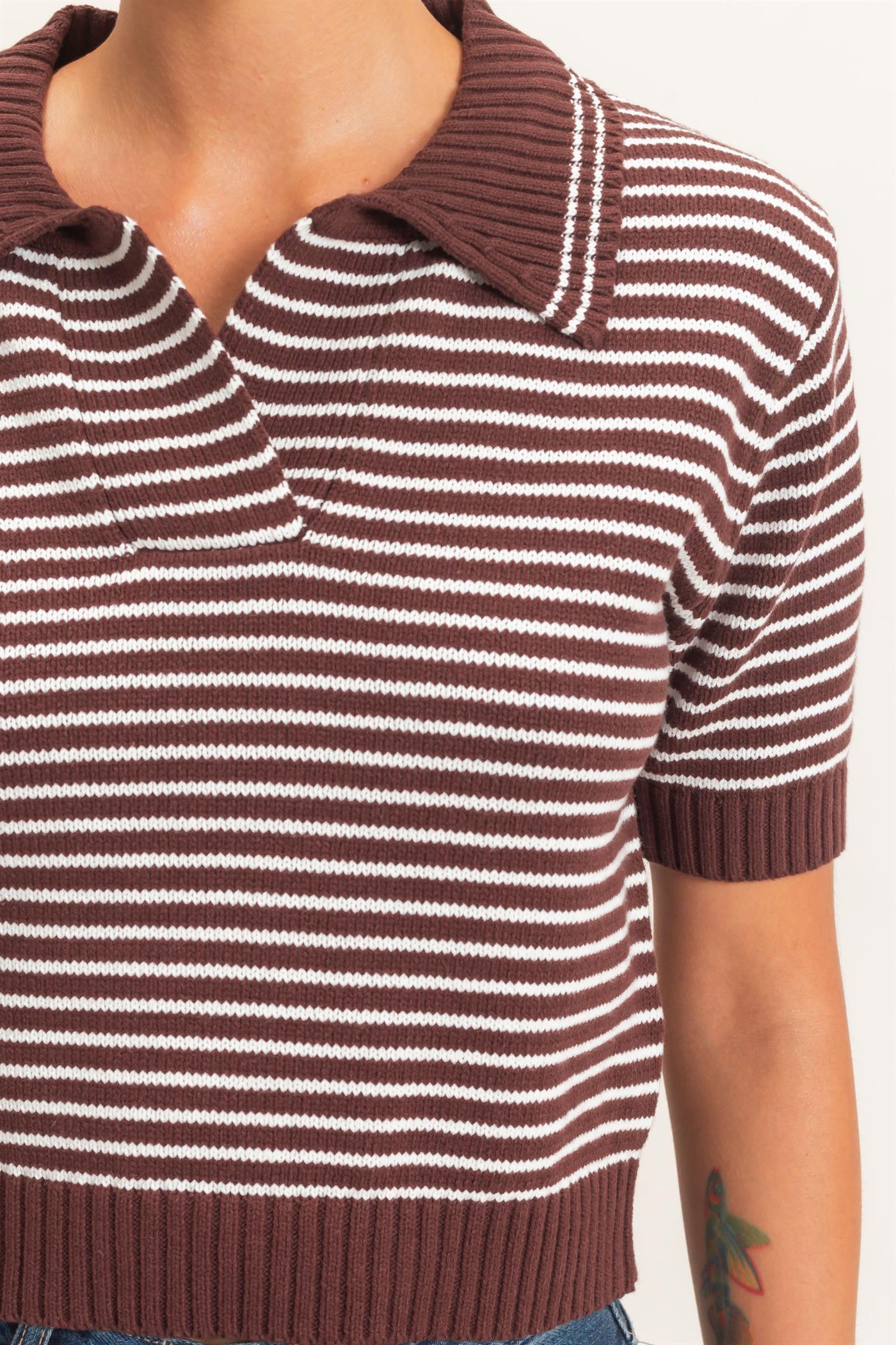 Wholesale Striped Short Sleeve Collar Knit Top Clothing Tops DZ26E261 DARK BROWN DOUBLE ZERO