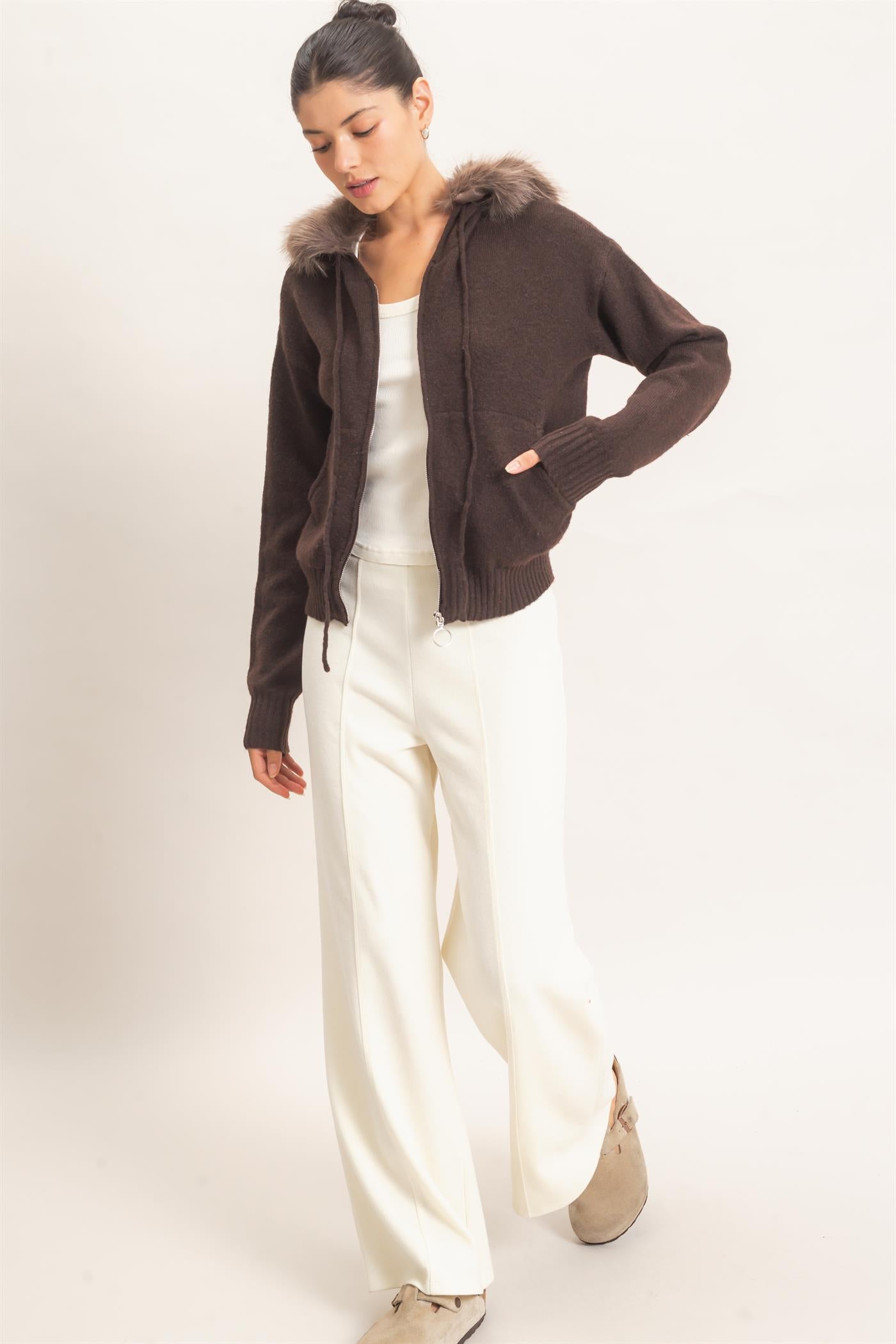 Wholesale Detachable Faux Fur Trim Zip-Up Hoodie Cardigans HF26F173 BROWN HYFVE
