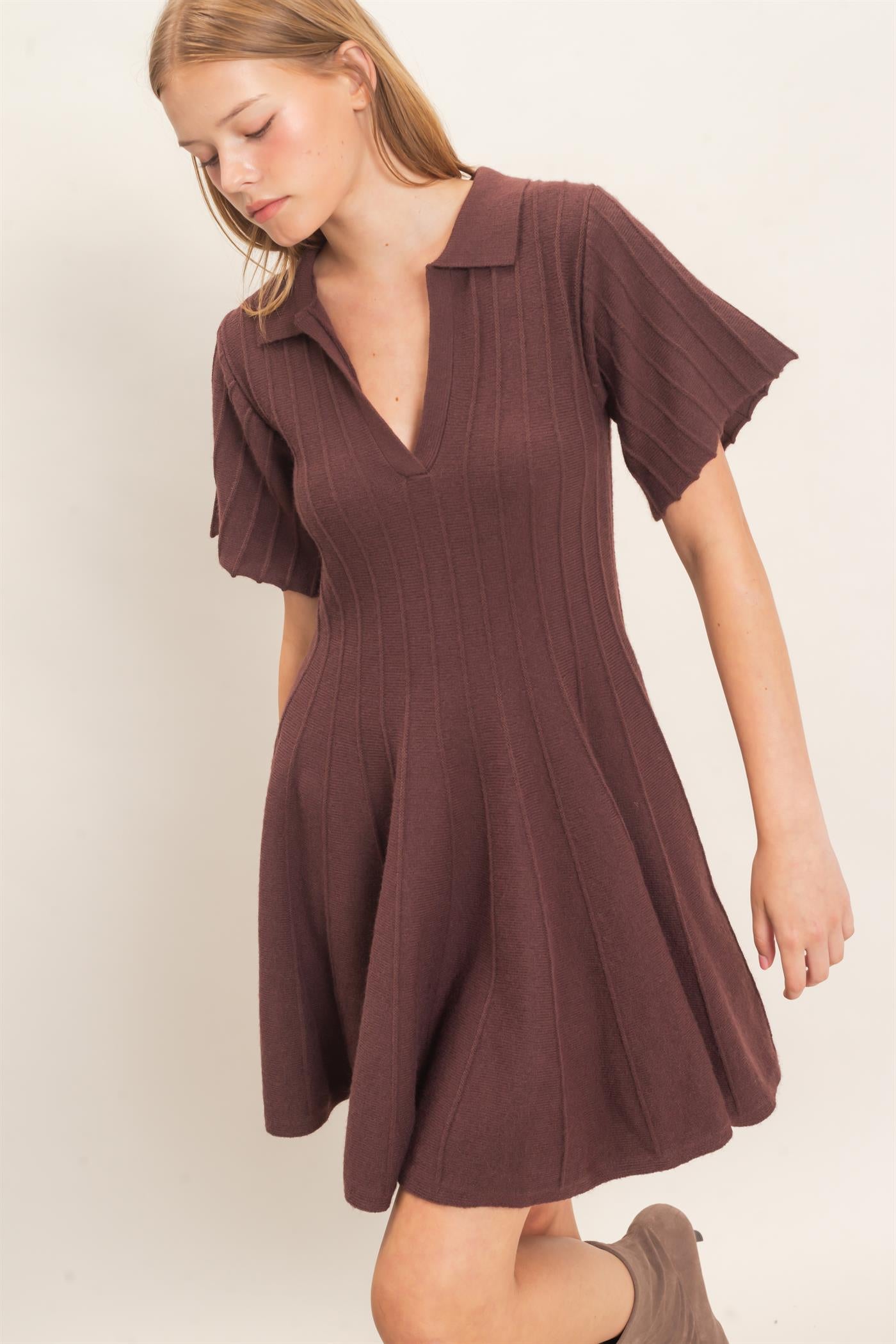 Wholesale Ribbed Knit Collared Dress Dresses HF26E365 CHESTNUT HYFVE