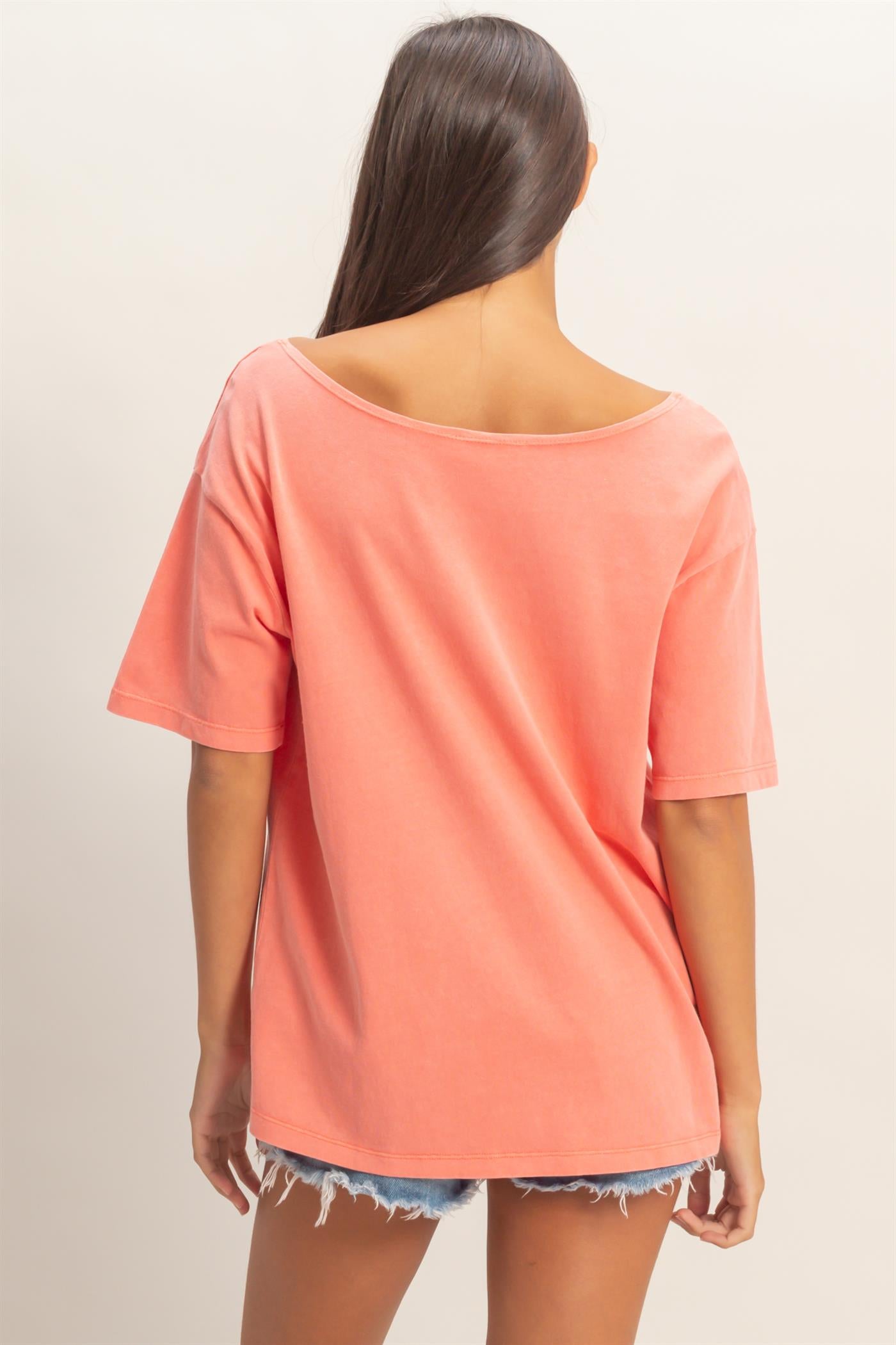Wholesale Boat Neck Short Sleeve Basic Tee Clothing Tops DZ25E242 CORAL DOUBLE ZERO