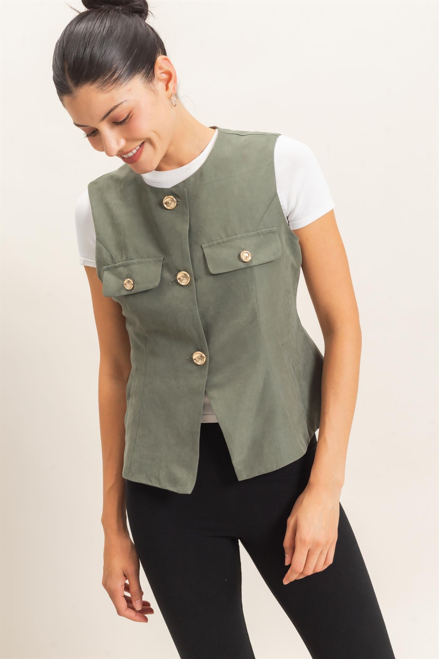 Wholesale Buttoned Sleeveless Utility Vest Vests HF26E929 FOREST GREEN HYFVE