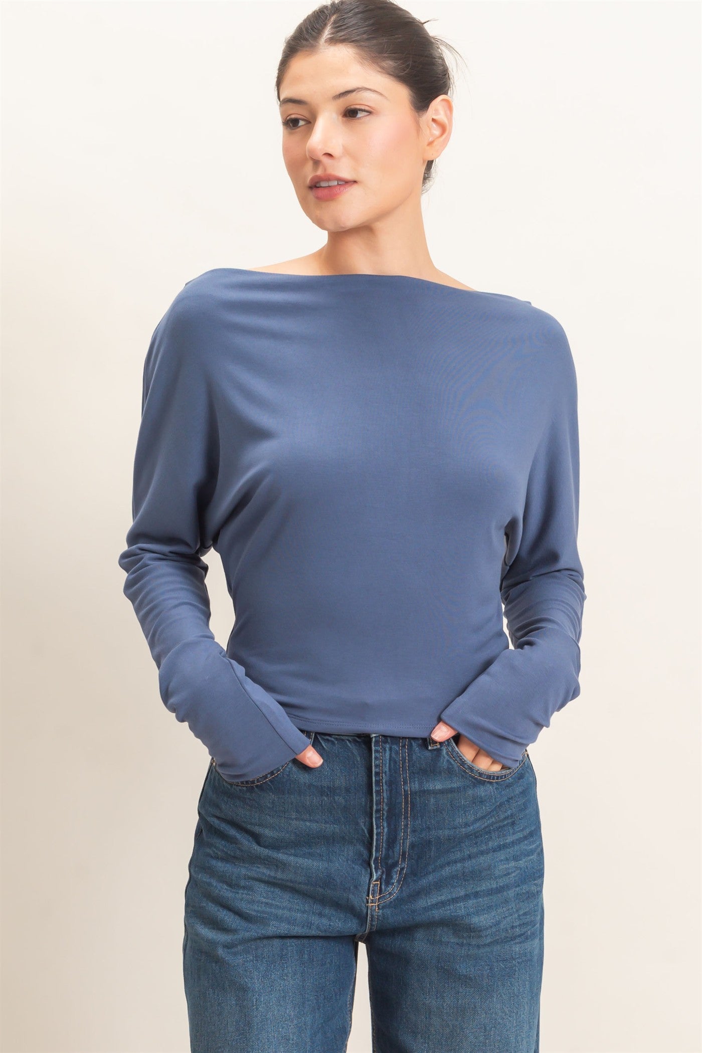 Wholesale Wide Boat Neck Dolman Sleeve Top Shirts HF26C883 STEEL BLUE HYFVE