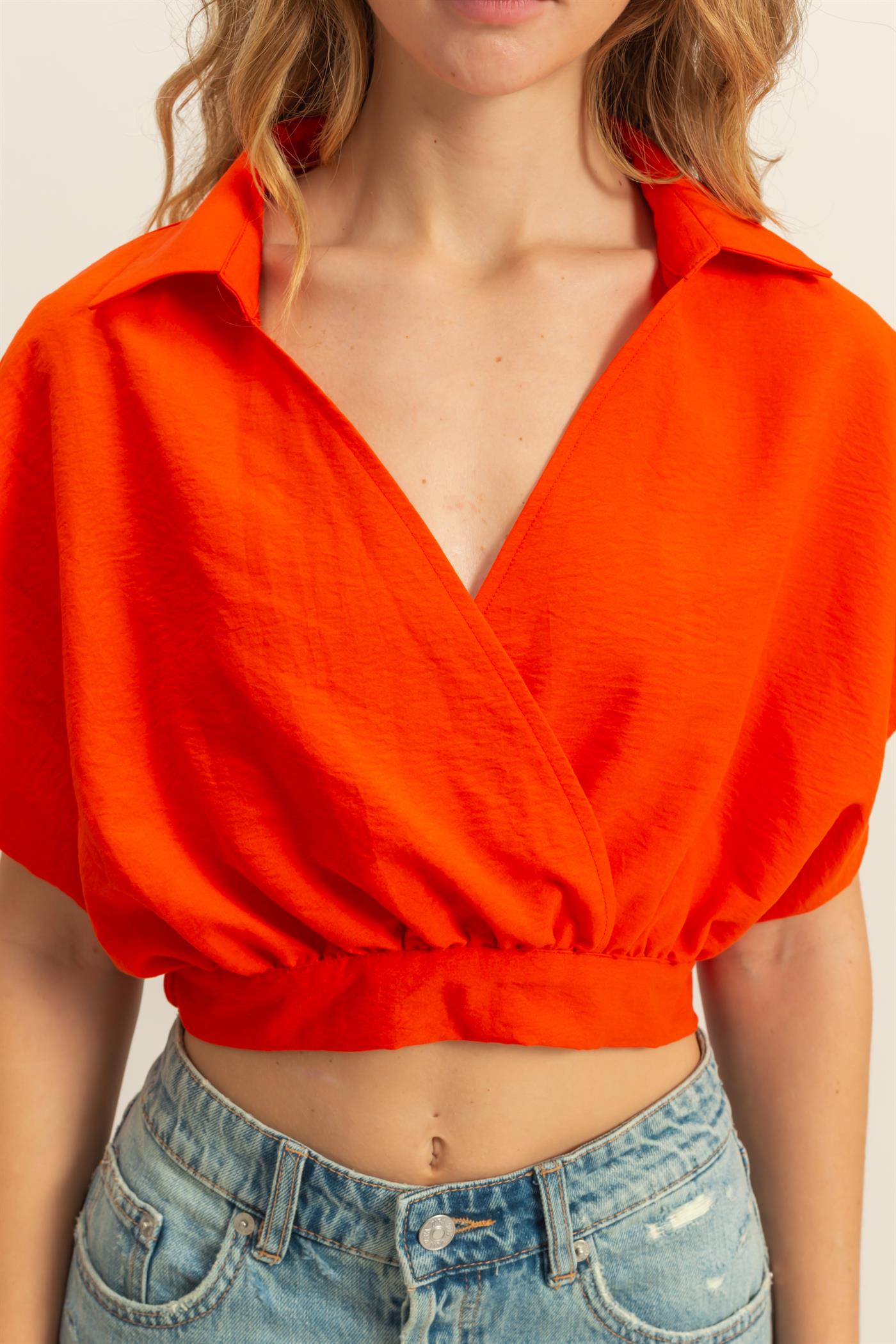 Wholesale Casual Batwing Sleeves Surplice Top Blouses DZ25C243 TOMATO DOUBLE ZERO