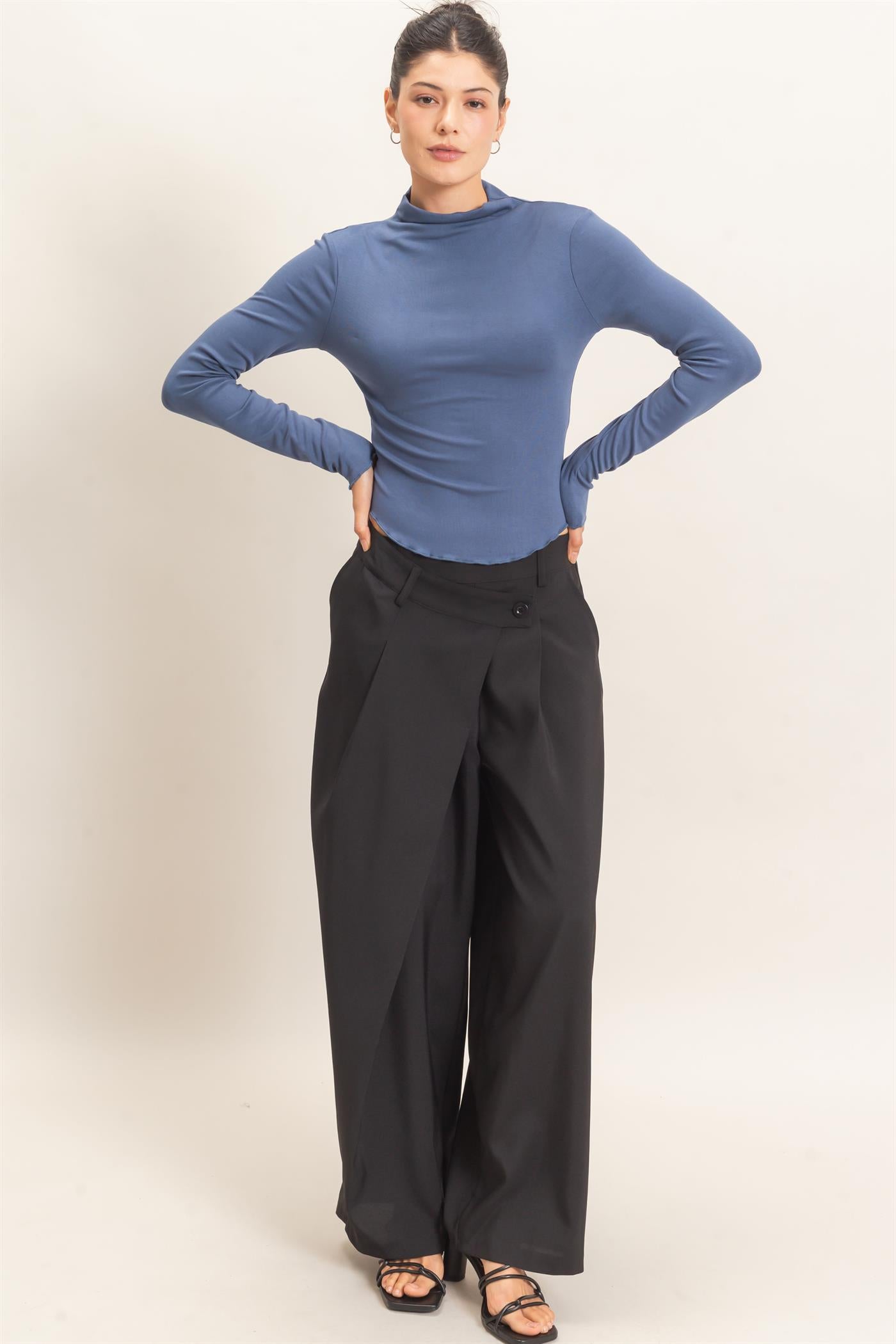 Wholesale Long Sleeve Lettuce Hem Top Clothing Tops HF26F122 STEEL BLUE HYFVE