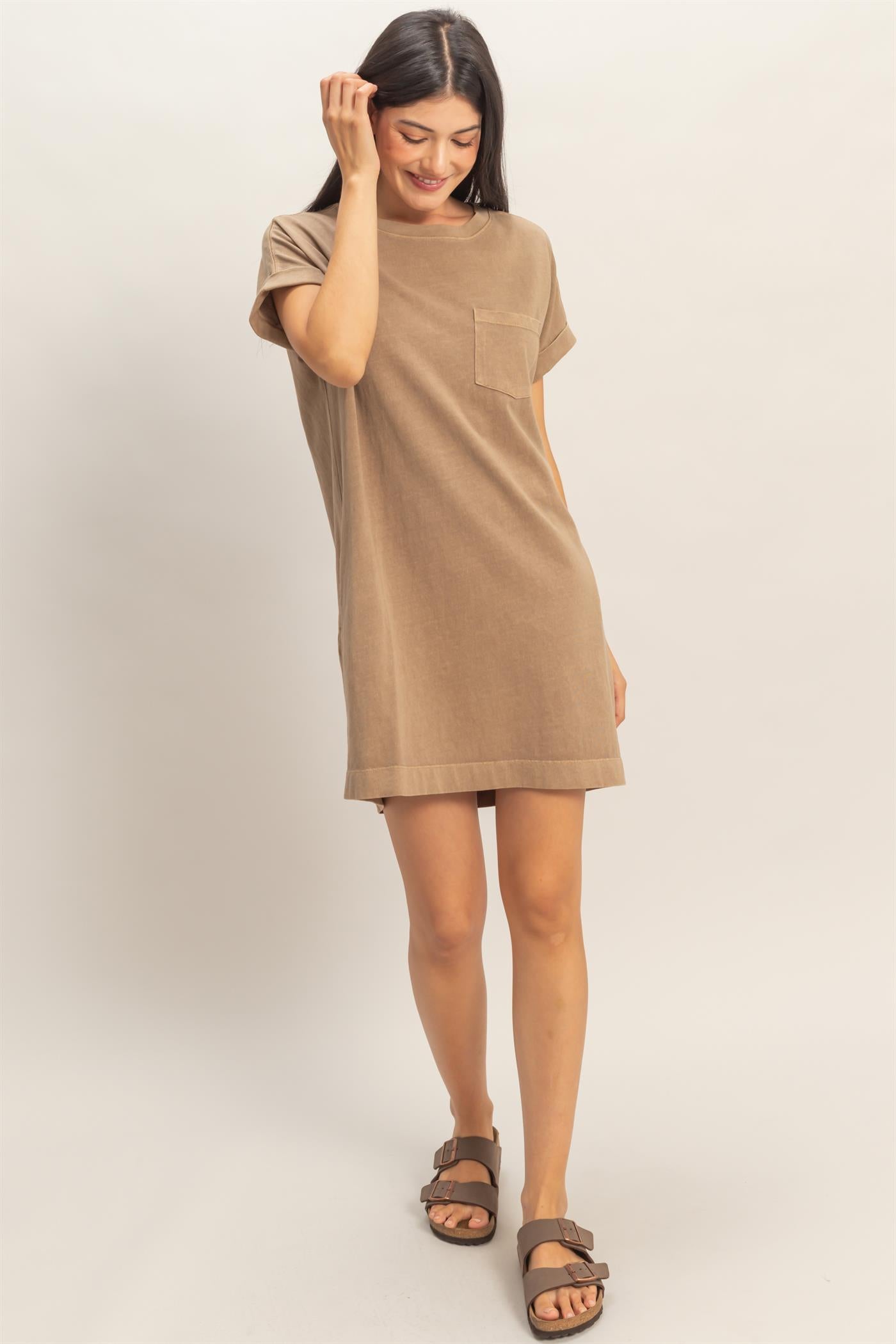 Wholesale Round Neck T-Shirt Mini Dress Dresses DZ26A029 MOCHA DOUBLE ZERO