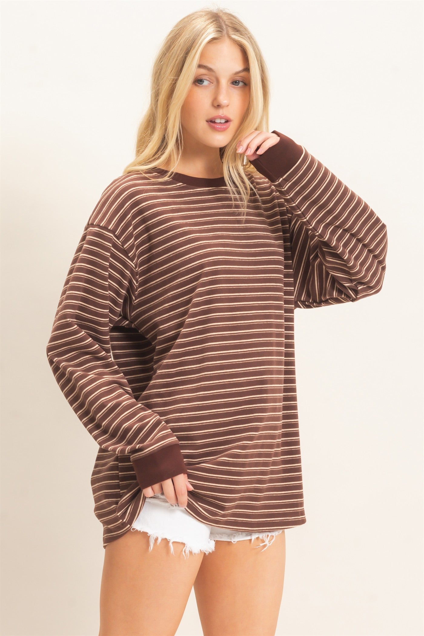 Wholesale Striped Long Sleeve Crew Neck Top Clothing Tops HF26C676 BROWN HYFVE
