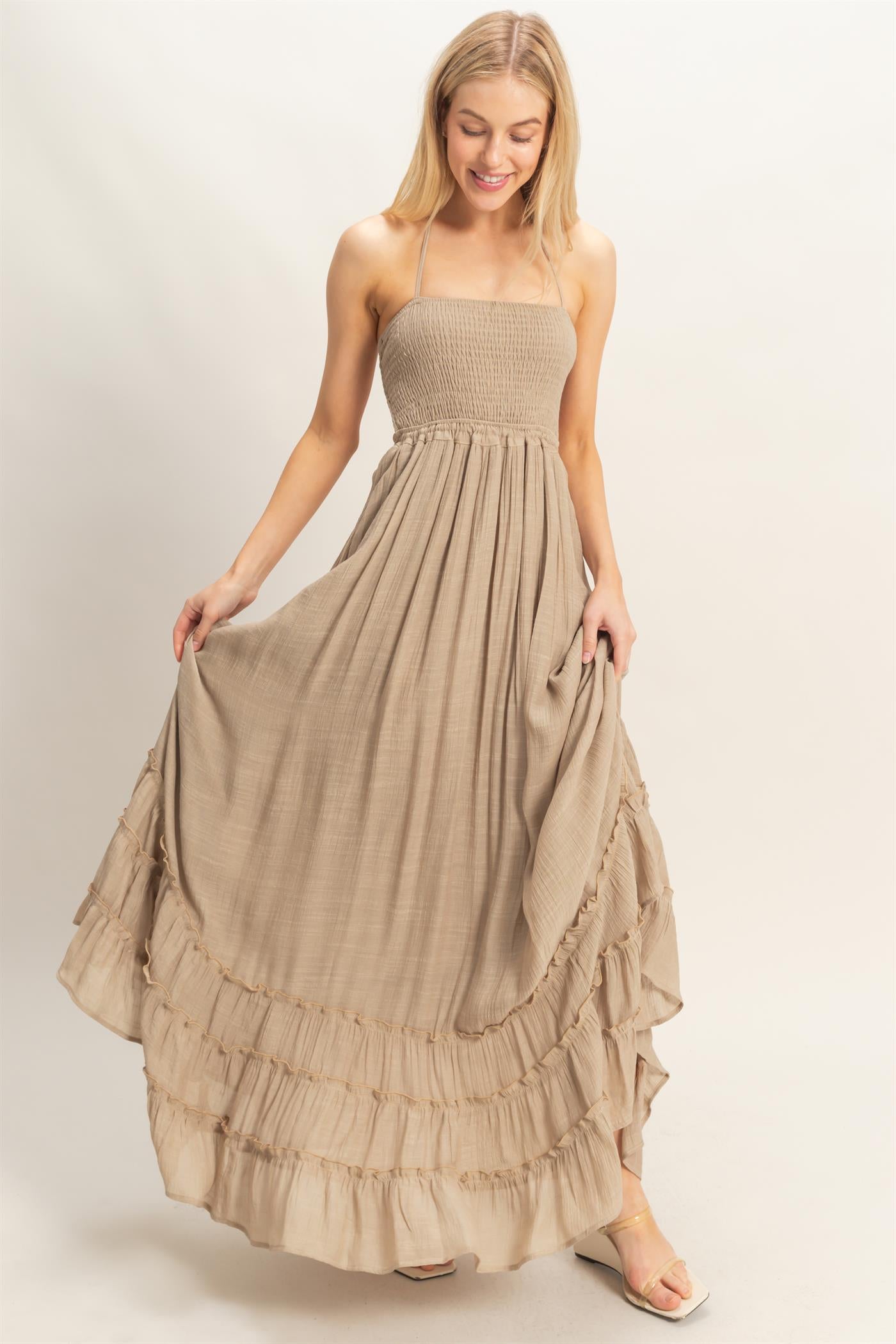 Wholesale Smocked Halter Maxi Dress Dresses HF26C290-D TAUPE HYFVE
