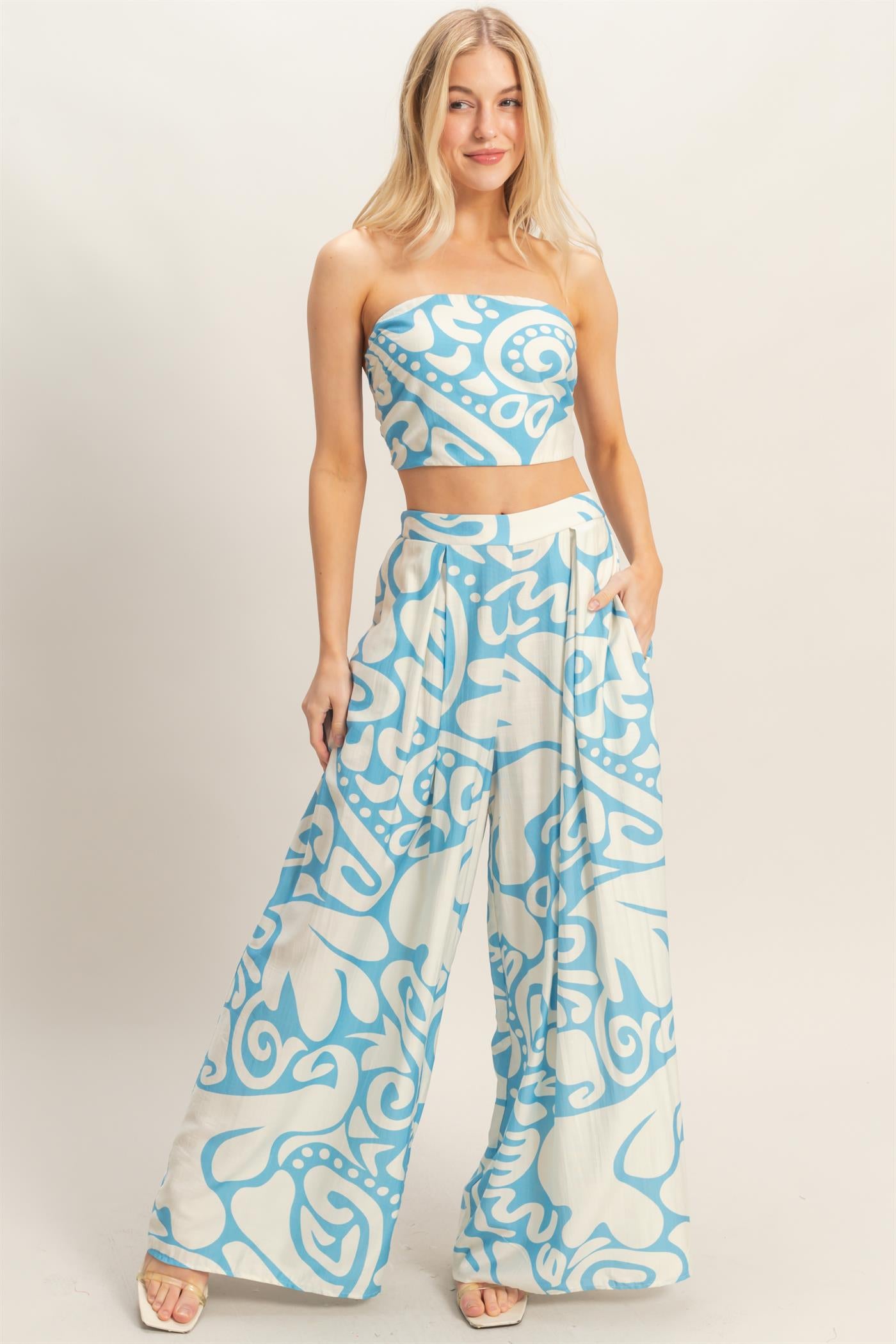 Wholesale Strapless Top & Wide Leg Pants Set Clothing HF26A344-SET-D BLUE HYFVE