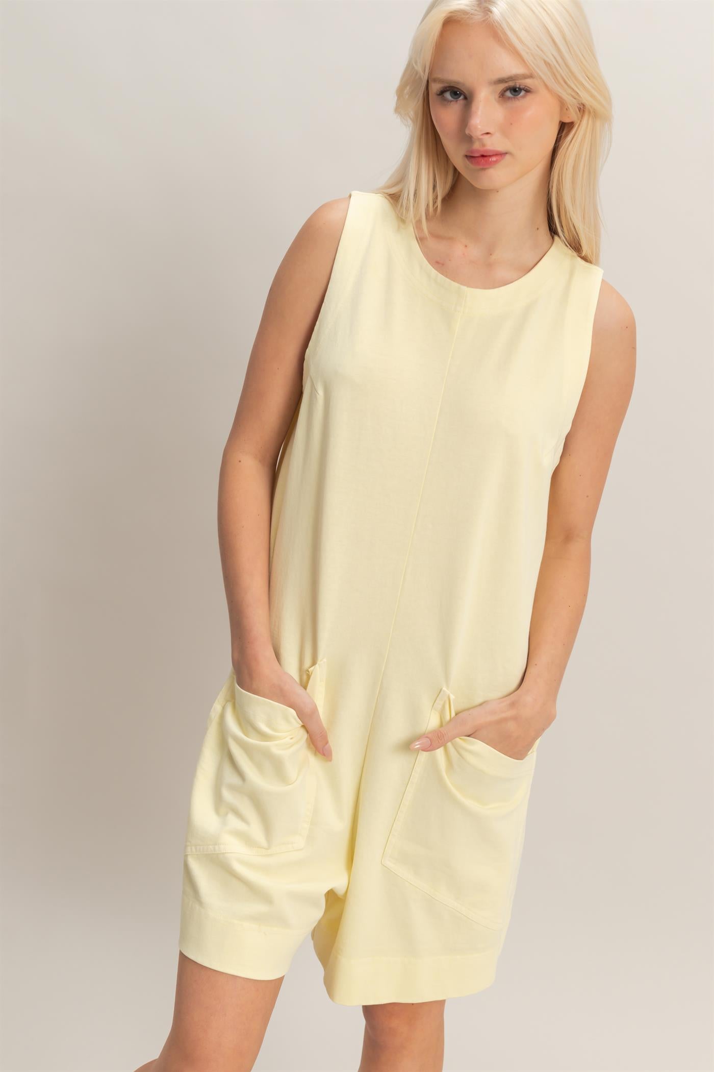 Wholesale Pocket Detail Sleeveless Romper Clothing DZ26A327 PALE YELLOW DOUBLE ZERO