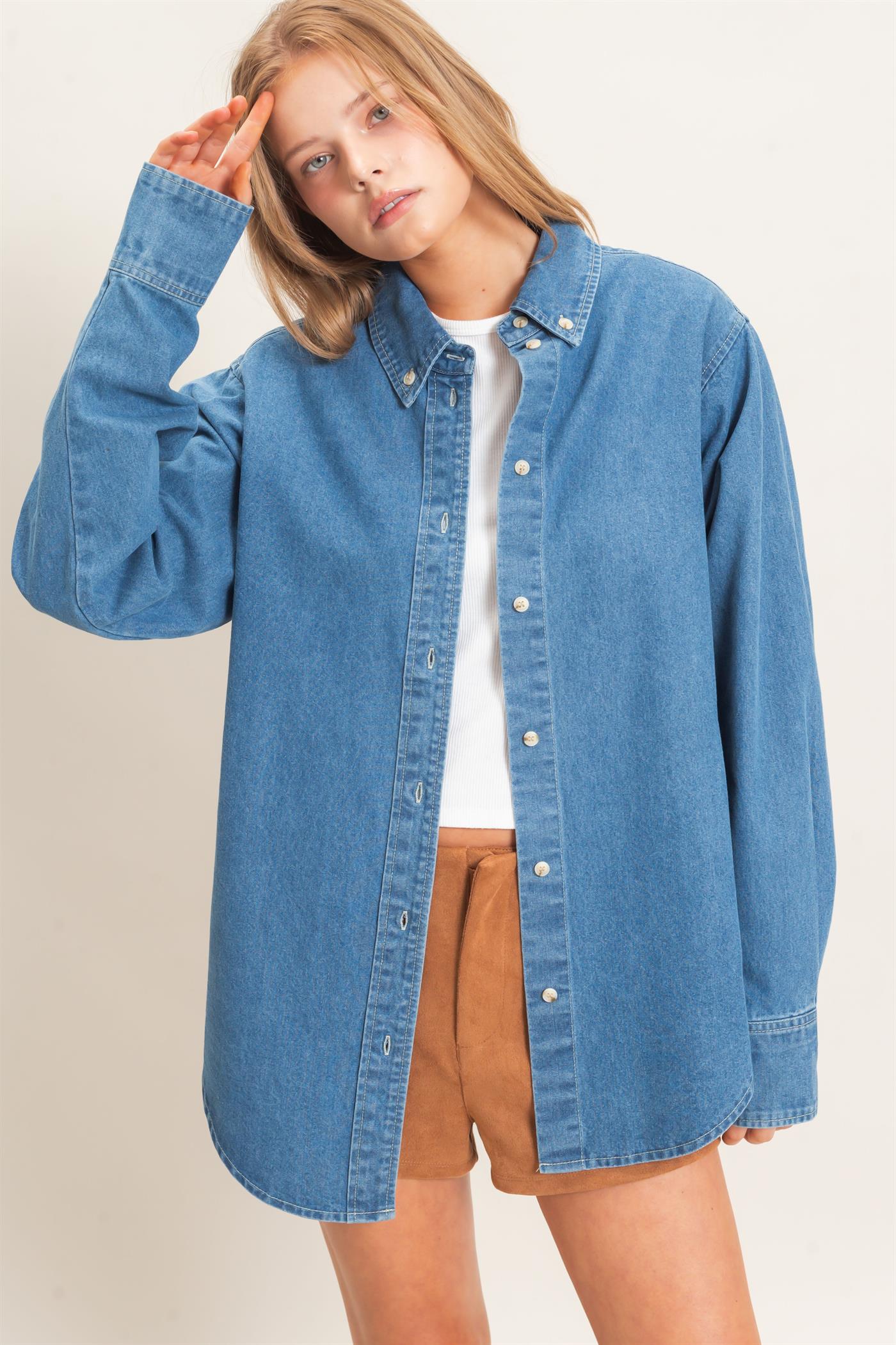 Wholesale Button-Up Denim Shirt Shirts HF26E420 LIGHT DENIM HYFVE