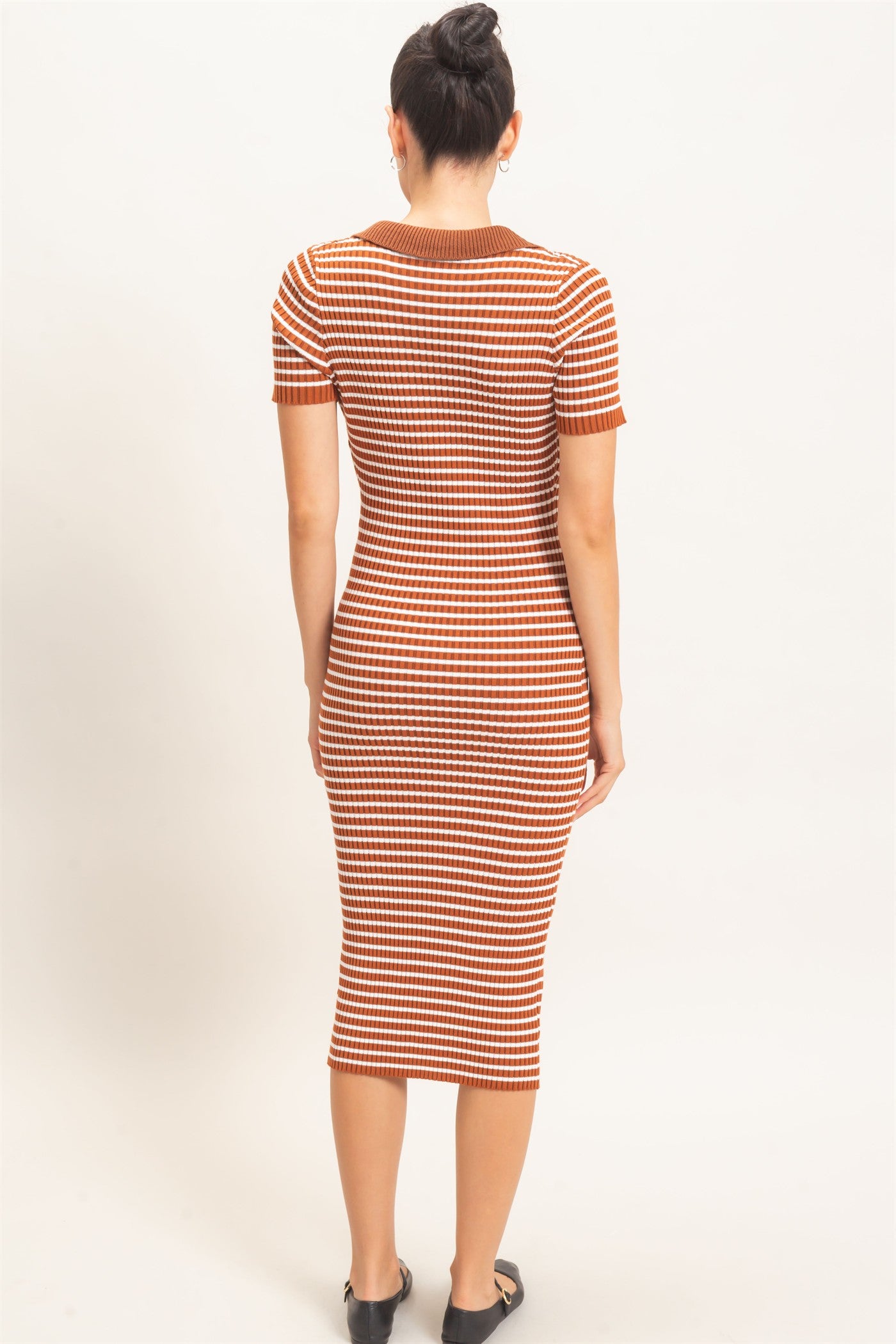 Wholesale Ribbed Collared Midi Dress Dresses HF26E216 BROWN HYFVE