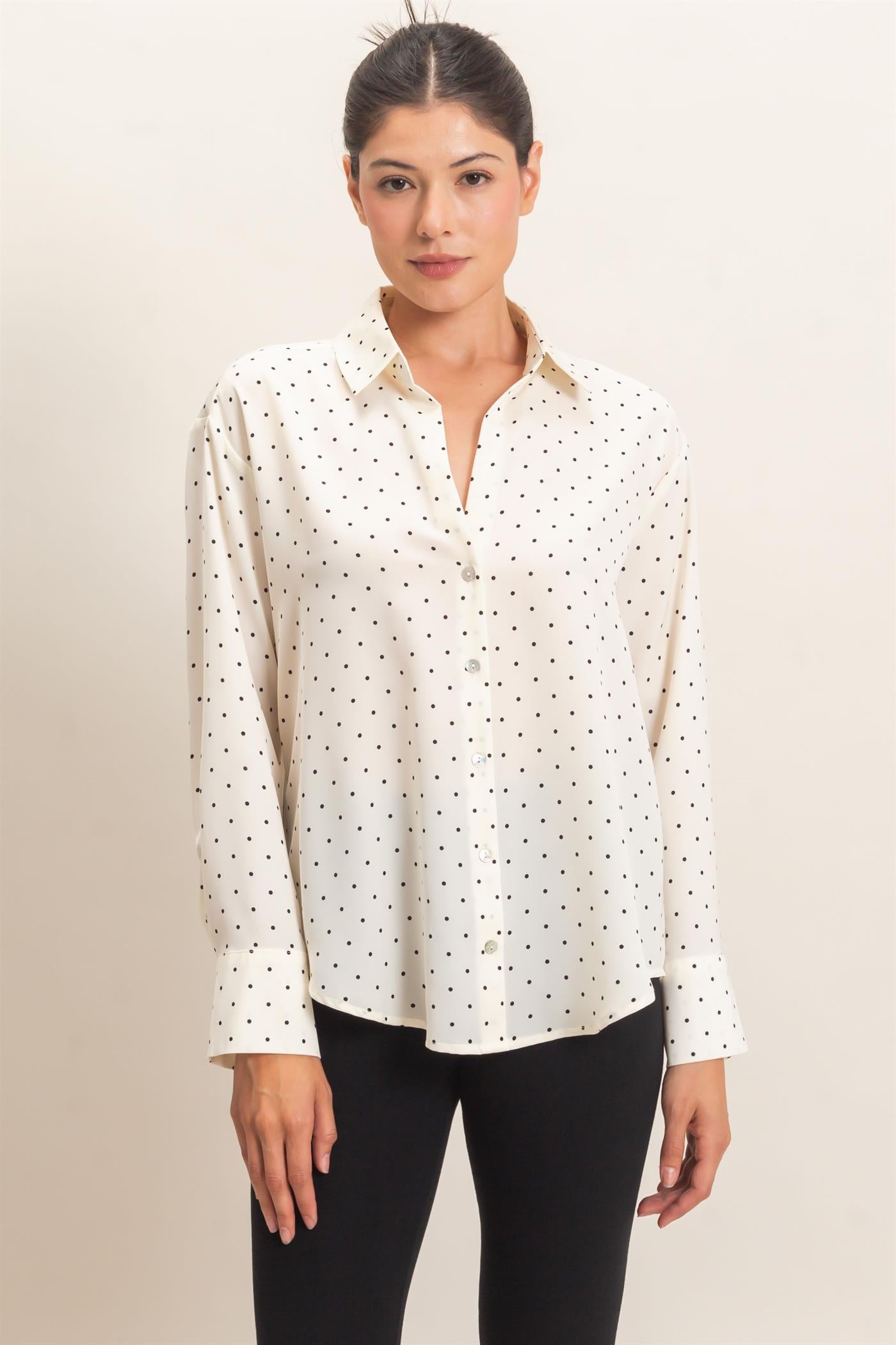 Wholesale Button-Up Polka Dot Shirt Shirts HF26F401 CREAM HYFVE