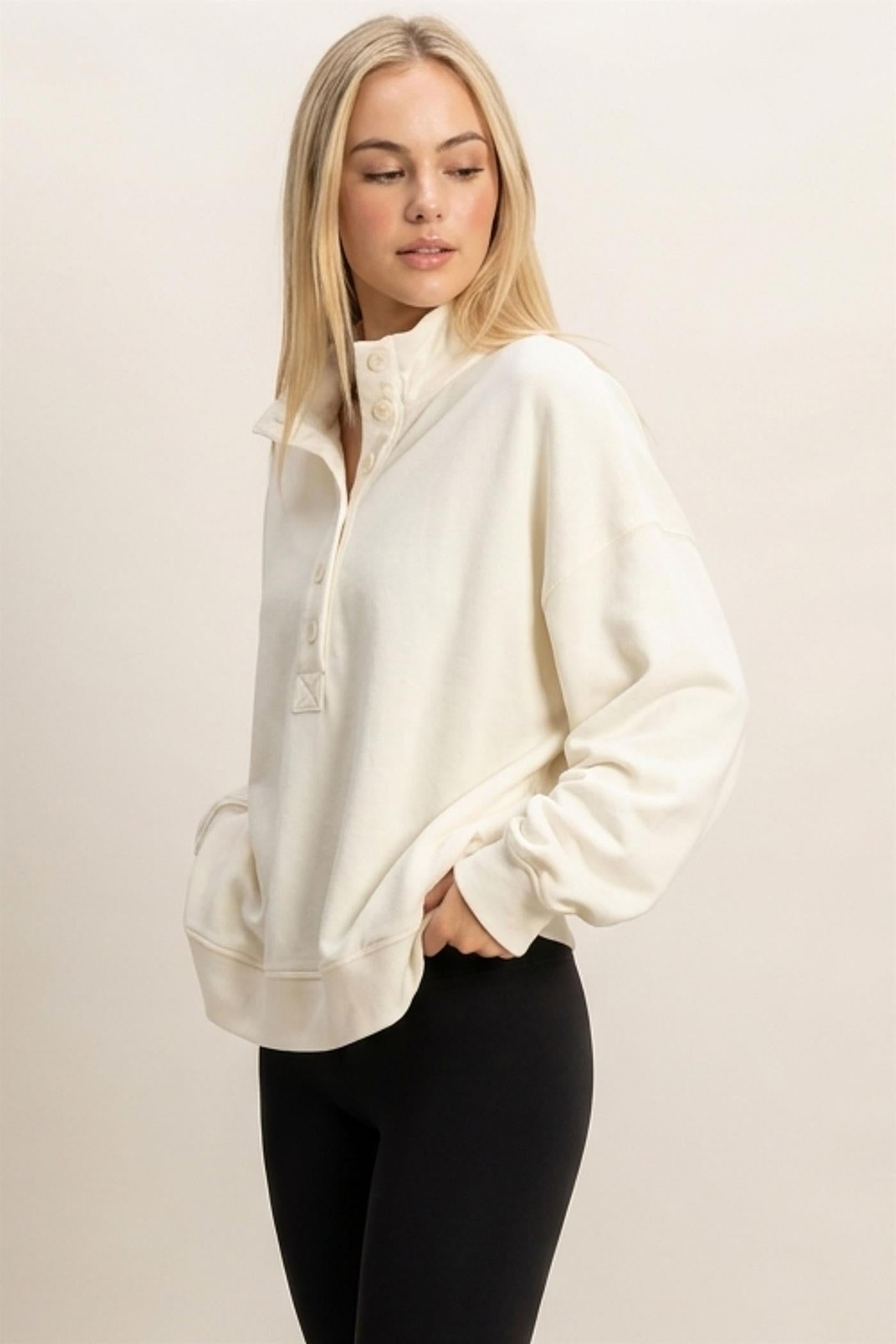 Wholesale Mineral Wash Button Front Sweatshirt Sweatshirts DZ26C909 CREAM DOUBLE ZERO