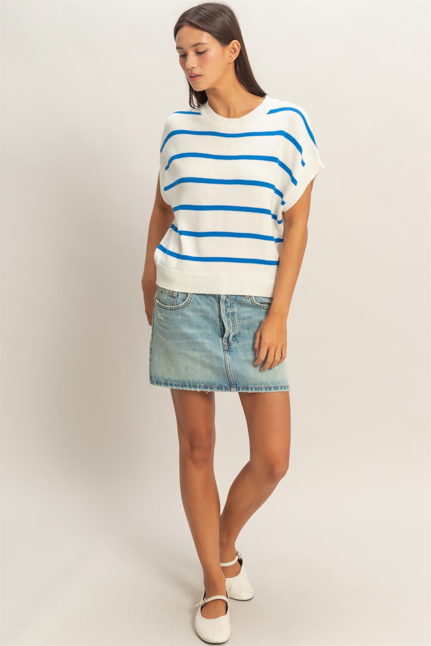 Wholesale Striped Crew Neck Knit Top Clothing Tops DZ26A740 BLUE DOUBLE ZERO