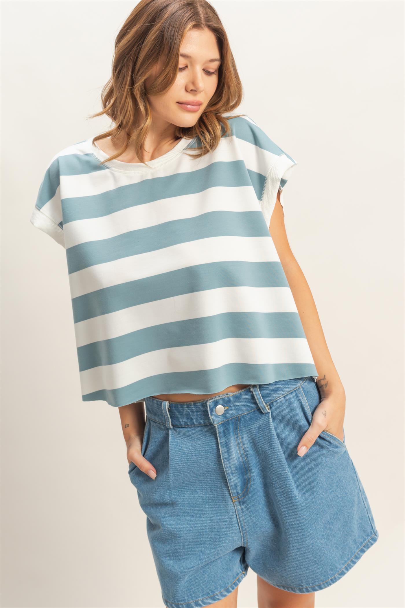 Wholesale Striped Boxy Crew Neck Top Clothing Tops HF26C391 LIGHT BLUE HYFVE