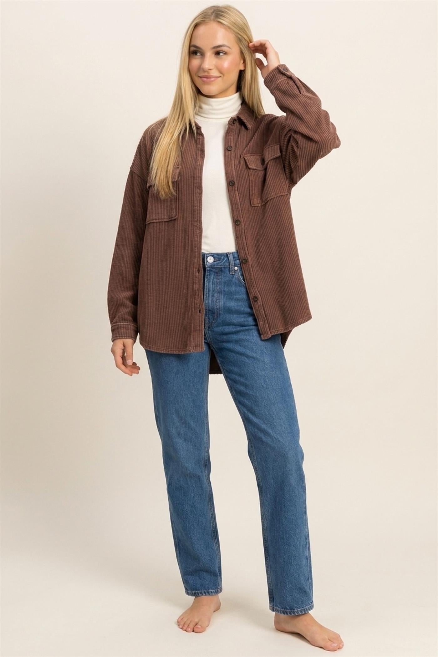 Wholesale Mineral Wash Waffle Knit Button-Up Shacket Coats & Jackets DZ26E249 DARK BROWN DOUBLE ZERO