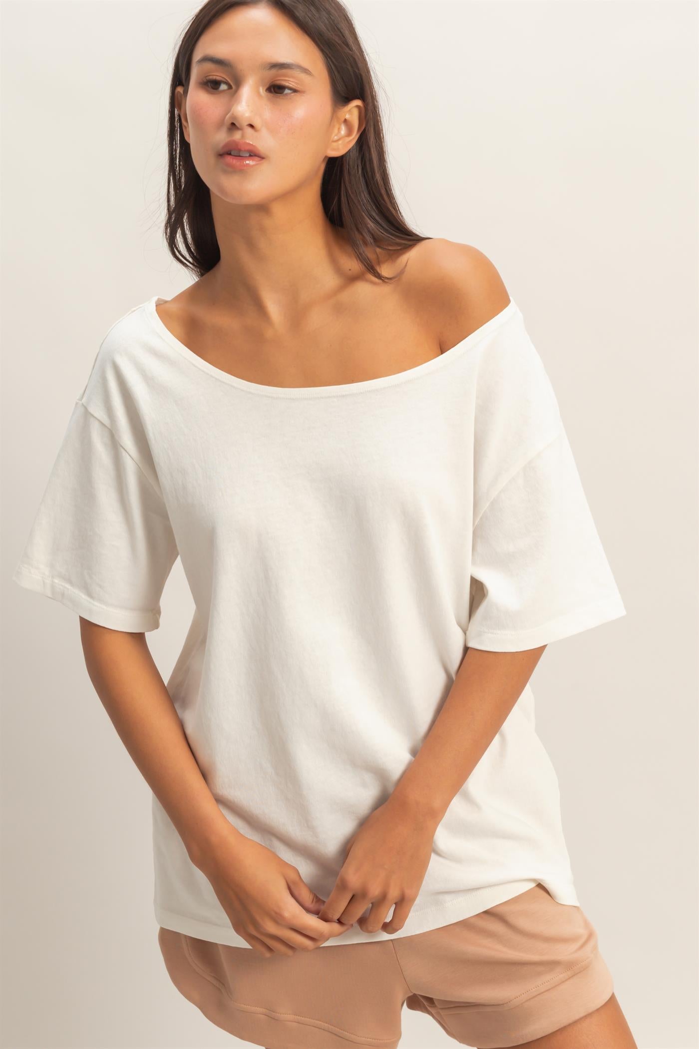 Wholesale Boat Neck Short Sleeve Basic Tee Clothing Tops DZ25E242 OFF WHITE DOUBLE ZERO