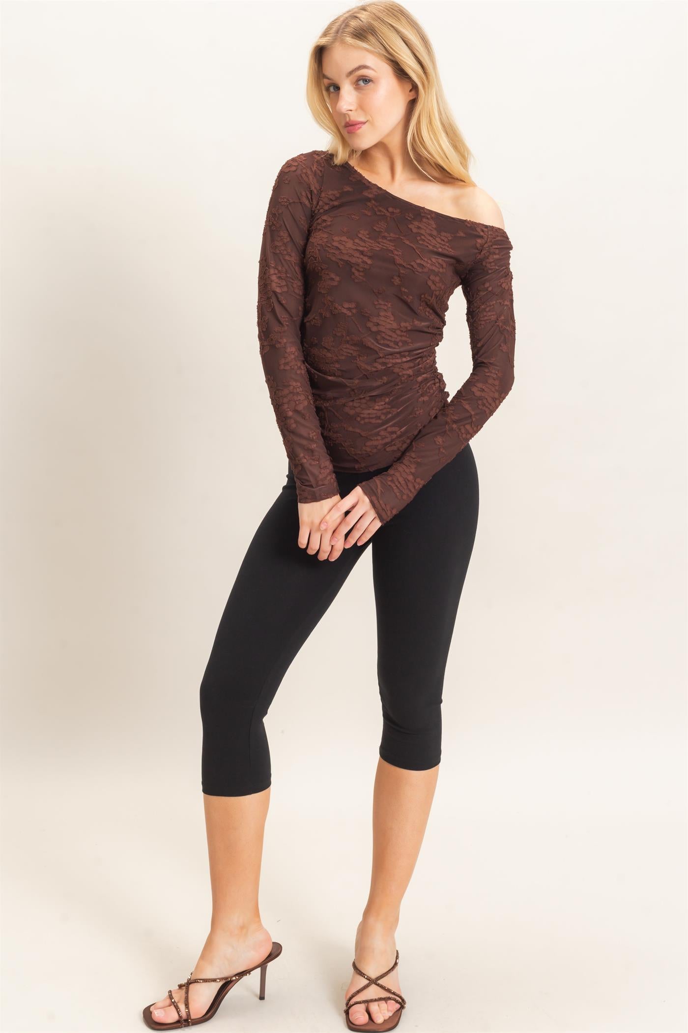 Wholesale Textured Mesh Off-Shoulder Top Blouses HF26F043 BROWN HYFVE