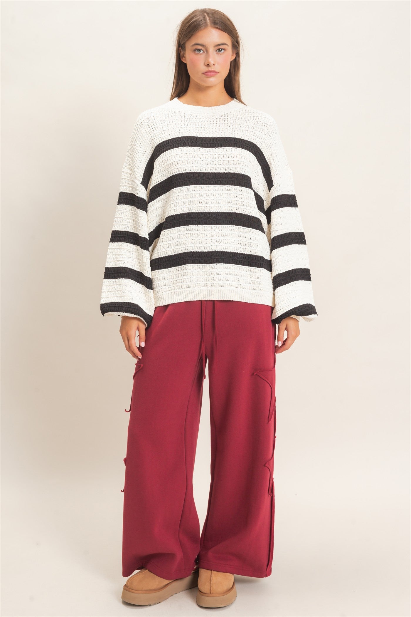 Wholesale Striped Oversized Sweater Sweaters DZ27A192 CREAM DOUBLE ZERO