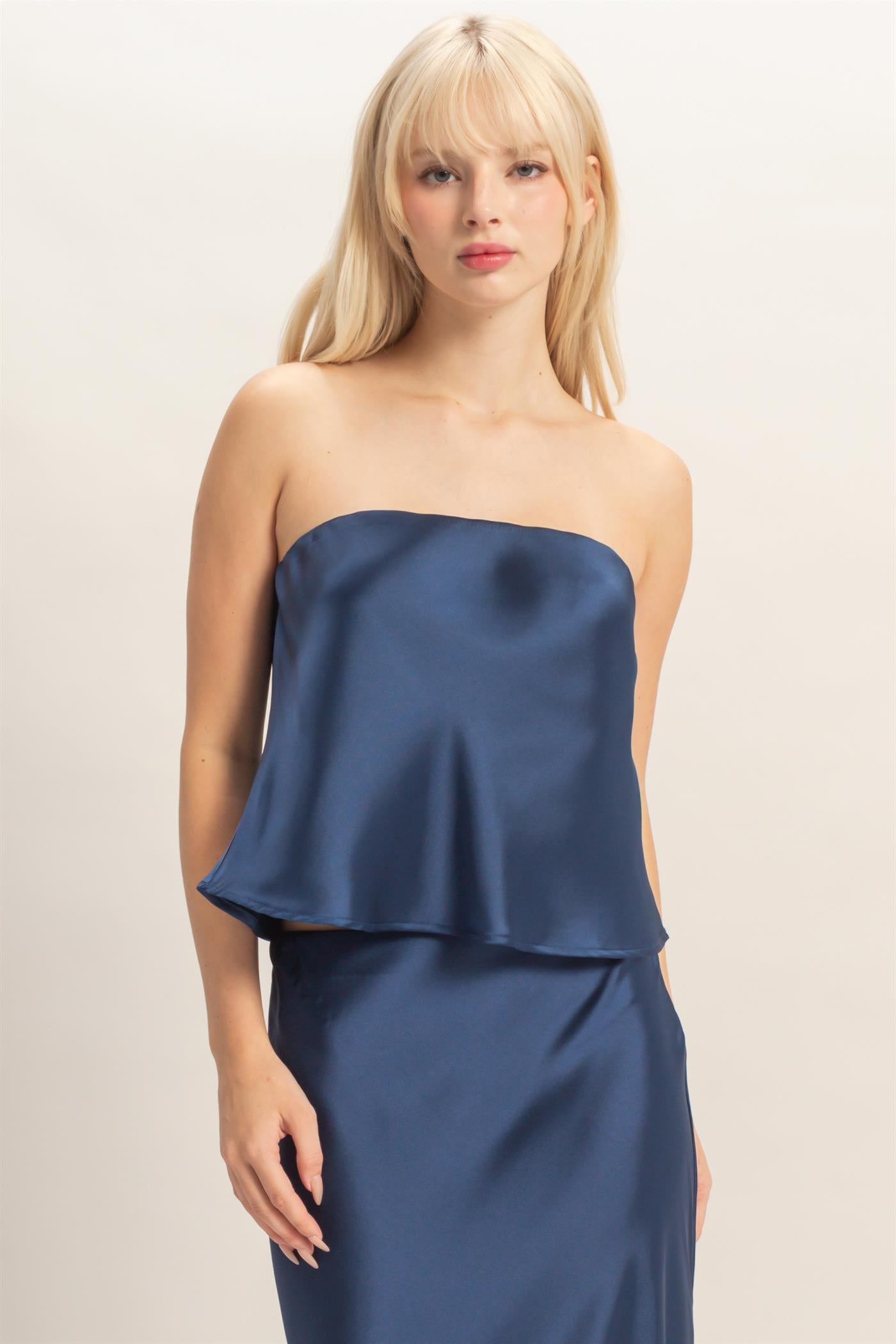 Wholesale Satin Strapless Tube Top Clothing Tops DZ26C398 NAVY DOUBLE ZERO