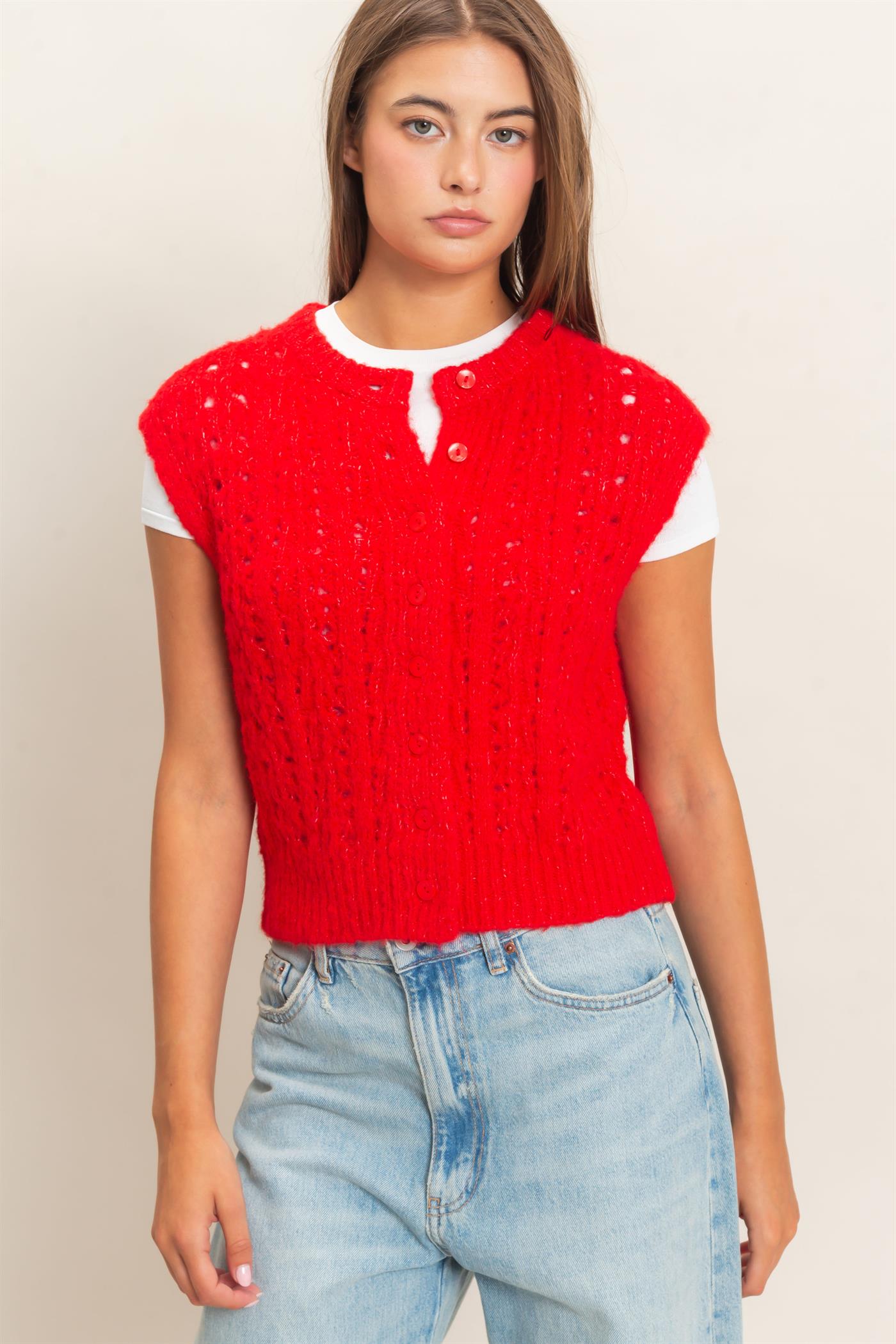 Wholesale Open Knit Sleeveless Button Front Sweater Vest Sweaters DZ26A829 RED DOUBLE ZERO