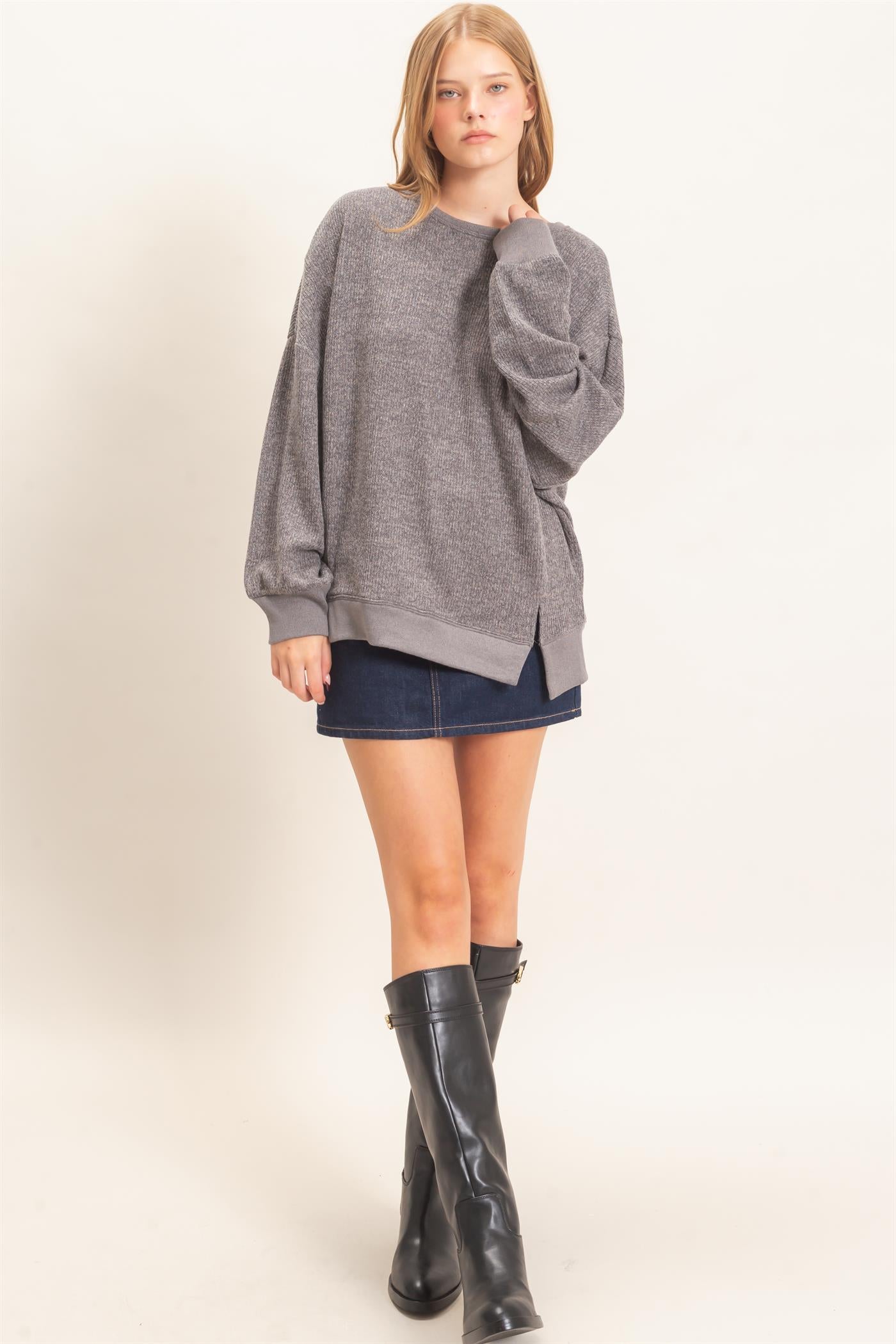 Wholesale Ribbed Boat Neck Knit Top Clothing Tops HF26E852 GRAY HYFVE