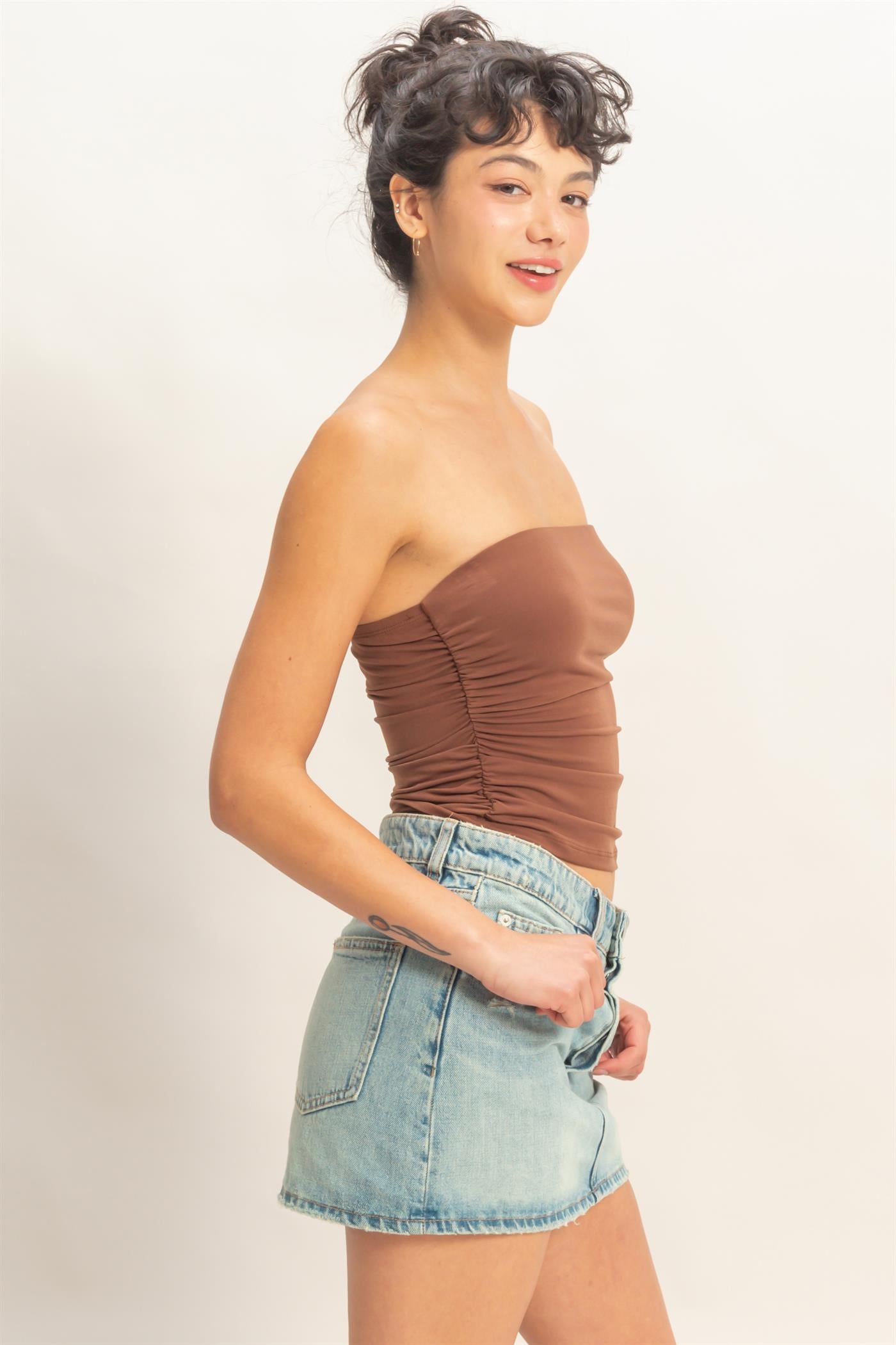 Wholesale Ruched Bandeau Top Clothing Tops DZ26C334 CHOCOLATE DOUBLE ZERO